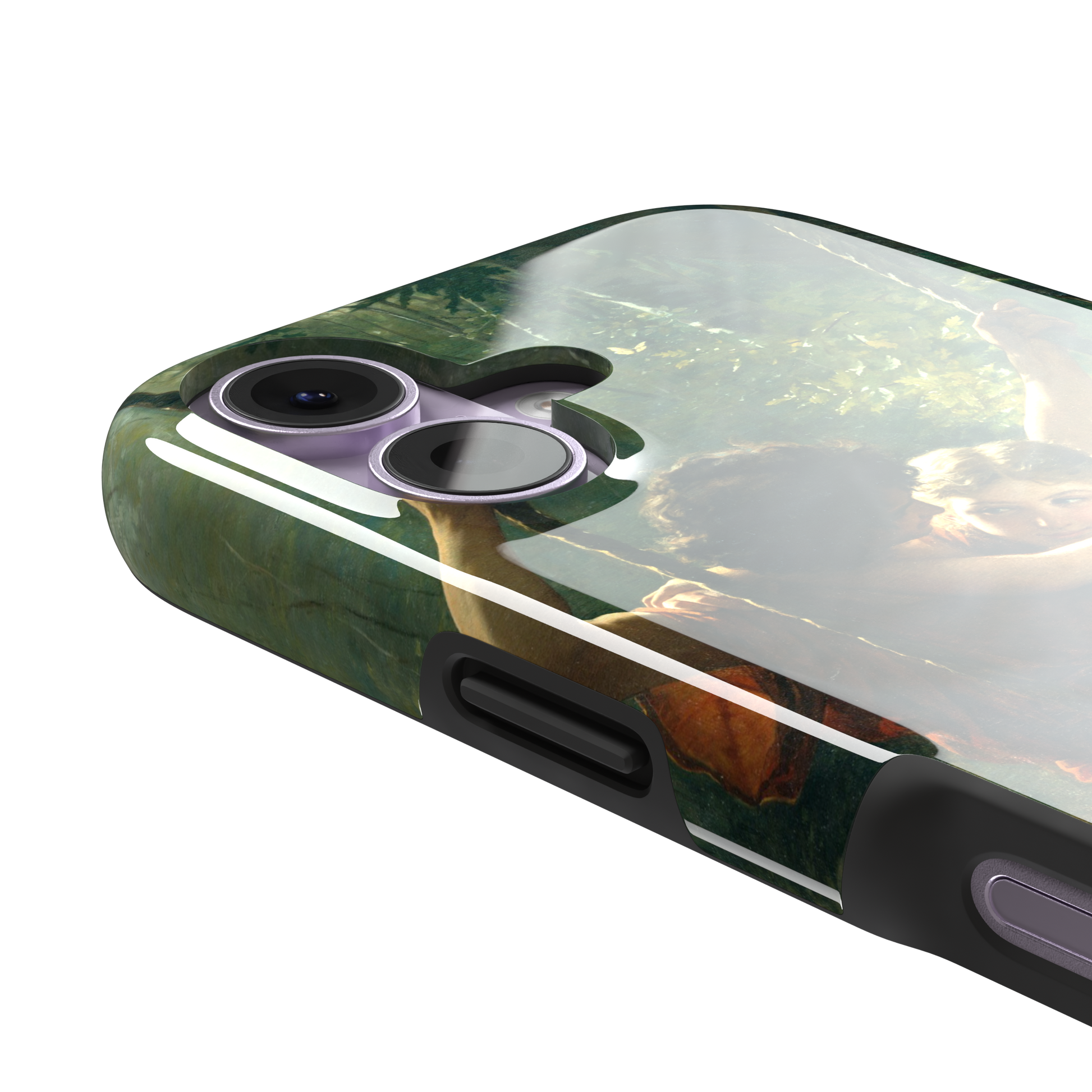 Springtime by Pierre Auguste Cot phone case featuring two lovers on a swing surrounded by lush green foliage, rich terracotta and soft ivory tones, phone case by Caselier — tough case, volume buttons detail