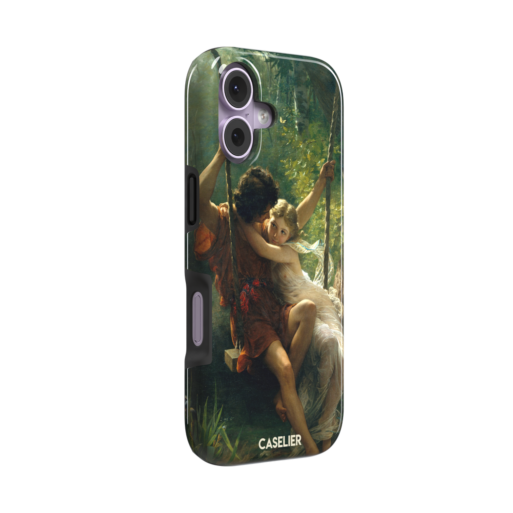 Springtime by Pierre Auguste Cot phone case featuring two lovers on a swing surrounded by lush green foliage, rich terracotta and soft ivory tones, phone case by Caselier — tough case, left view