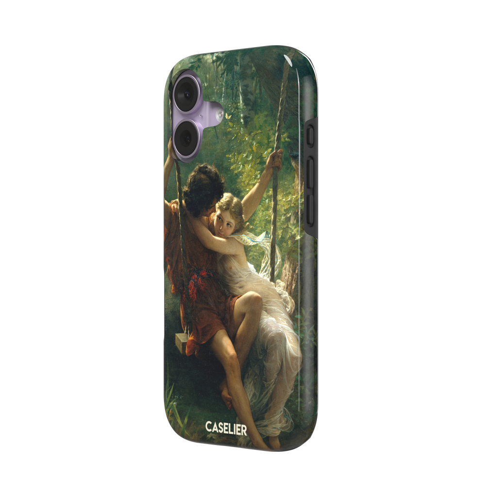 Springtime by Pierre Auguste Cot phone case featuring two lovers on a swing surrounded by lush green foliage, rich terracotta and soft ivory tones, phone case by Caselier — tough case, right view