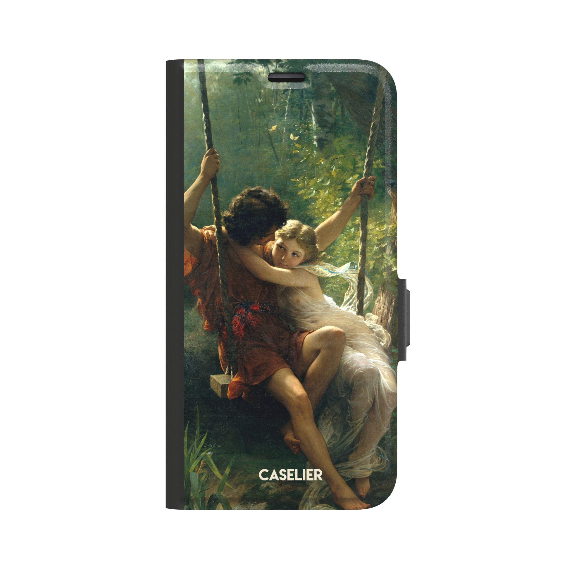 Springtime by Pierre Auguste Cot phone case featuring two lovers on a swing surrounded by lush green foliage, rich terracotta and soft ivory tones, phone case by Caselier — wallet case, front view