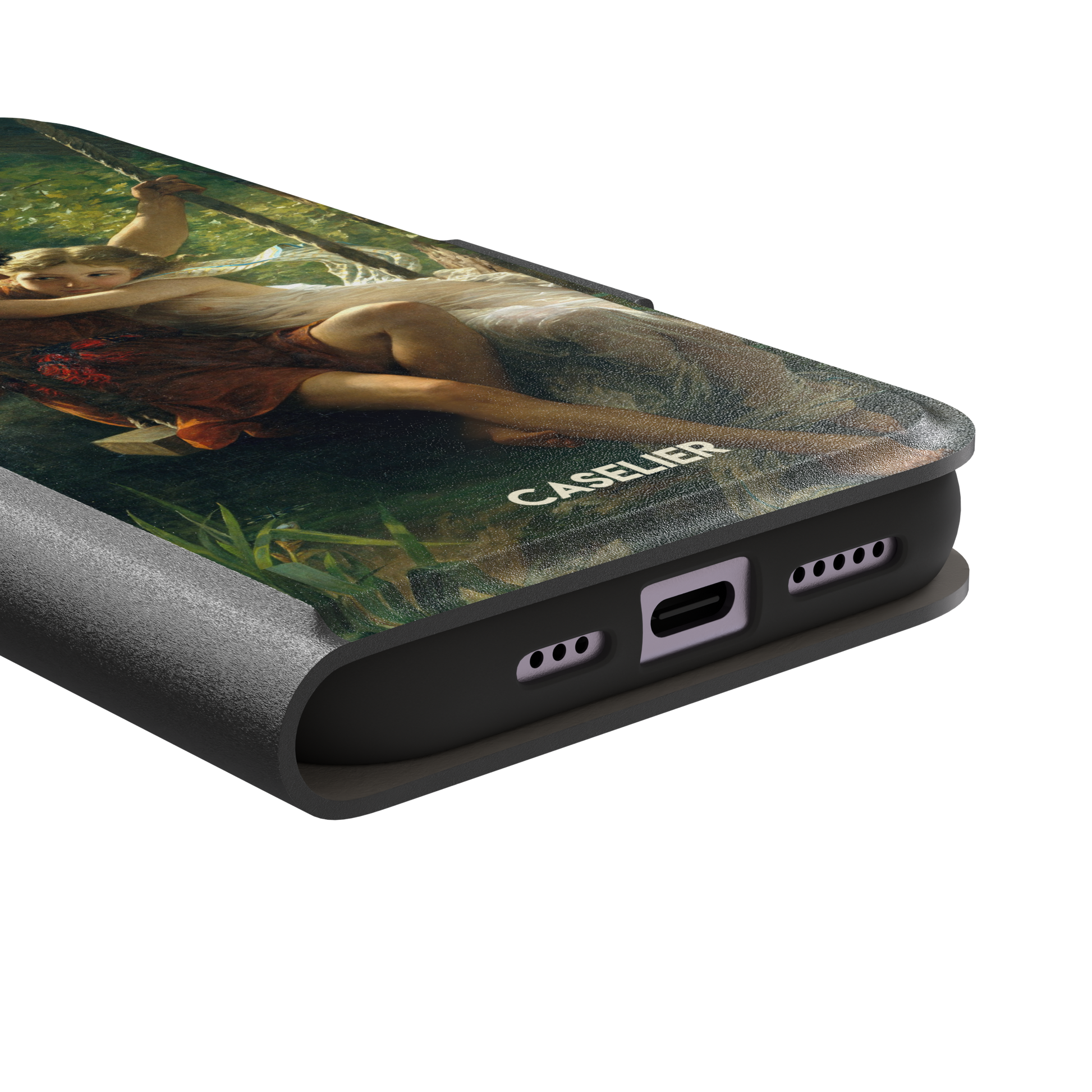 Springtime by Pierre Auguste Cot phone case featuring two lovers on a swing surrounded by lush green foliage, rich terracotta and soft ivory tones, phone case by Caselier — wallet case, charging port detail