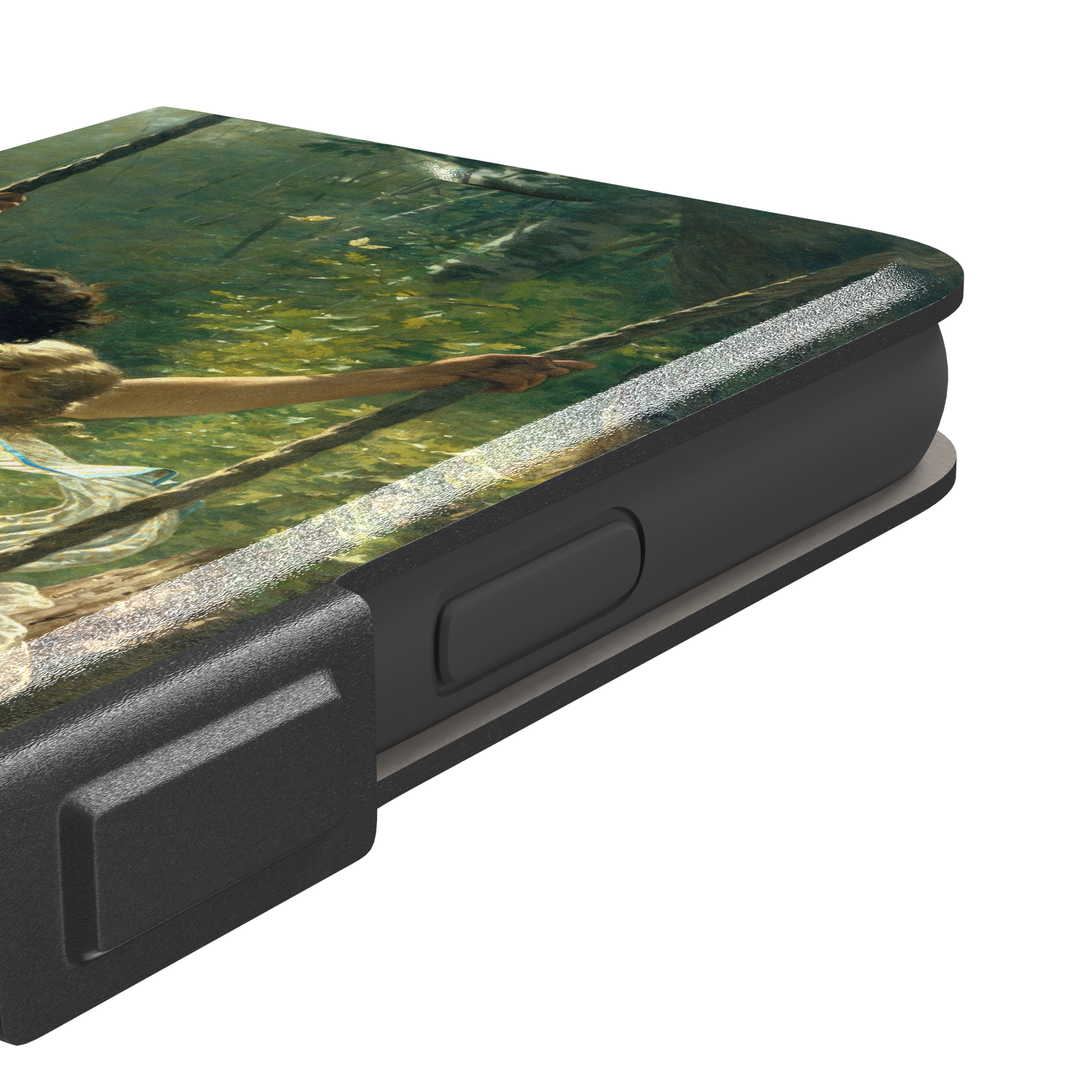 Springtime by Pierre Auguste Cot phone case featuring two lovers on a swing surrounded by lush green foliage, rich terracotta and soft ivory tones, phone case by Caselier — wallet case, volume buttons detail