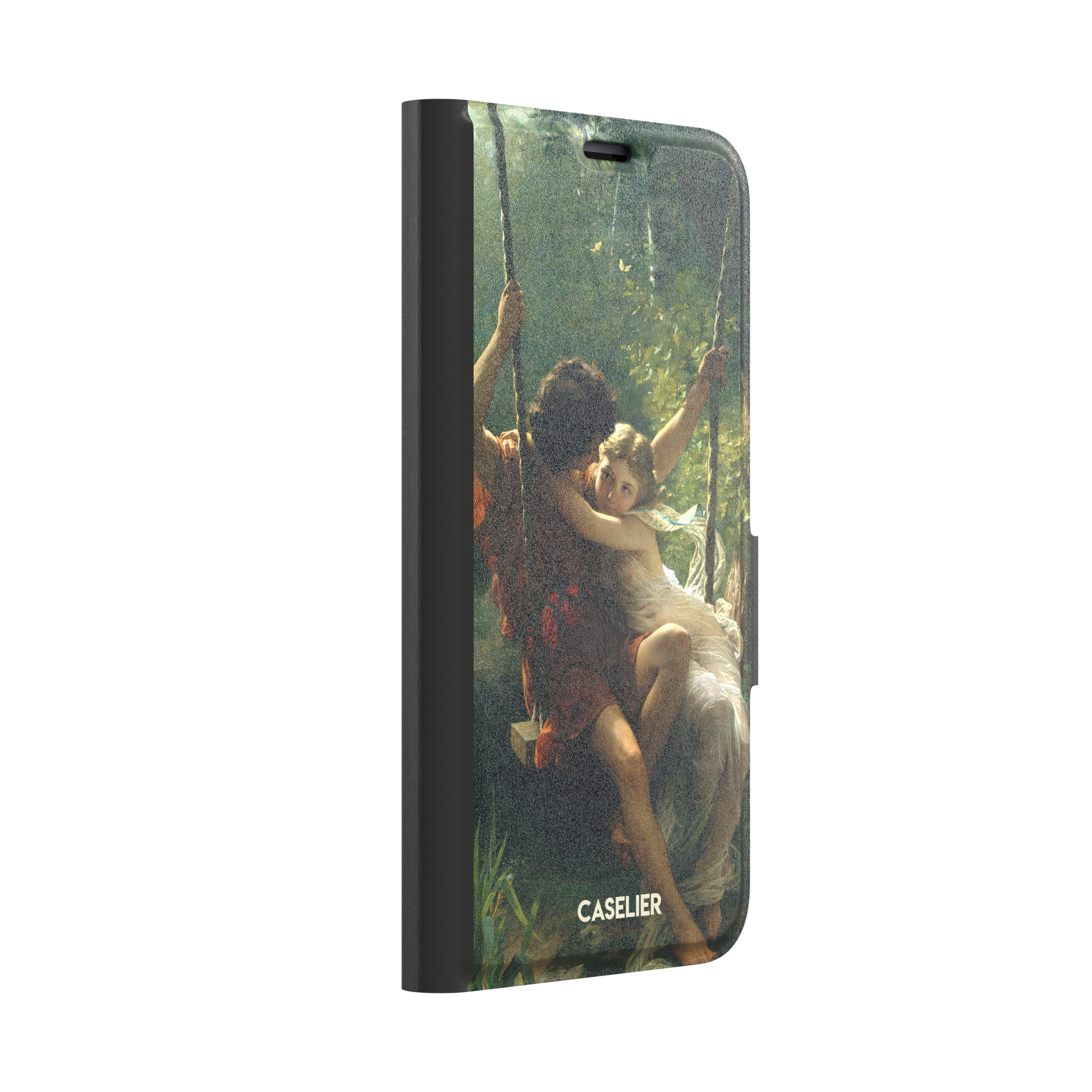 Springtime by Pierre Auguste Cot phone case featuring two lovers on a swing surrounded by lush green foliage, rich terracotta and soft ivory tones, phone case by Caselier — wallet case, left view