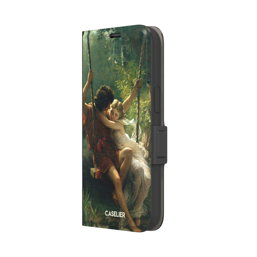 Springtime by Pierre Auguste Cot phone case featuring two lovers on a swing surrounded by lush green foliage, rich terracotta and soft ivory tones, phone case by Caselier — wallet case, right view