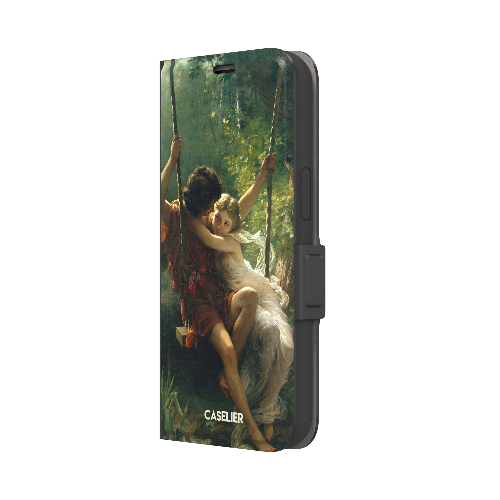 Springtime by Pierre Auguste Cot phone case featuring two lovers on a swing surrounded by lush green foliage, rich terracotta and soft ivory tones, phone case by Caselier — wallet case, right view