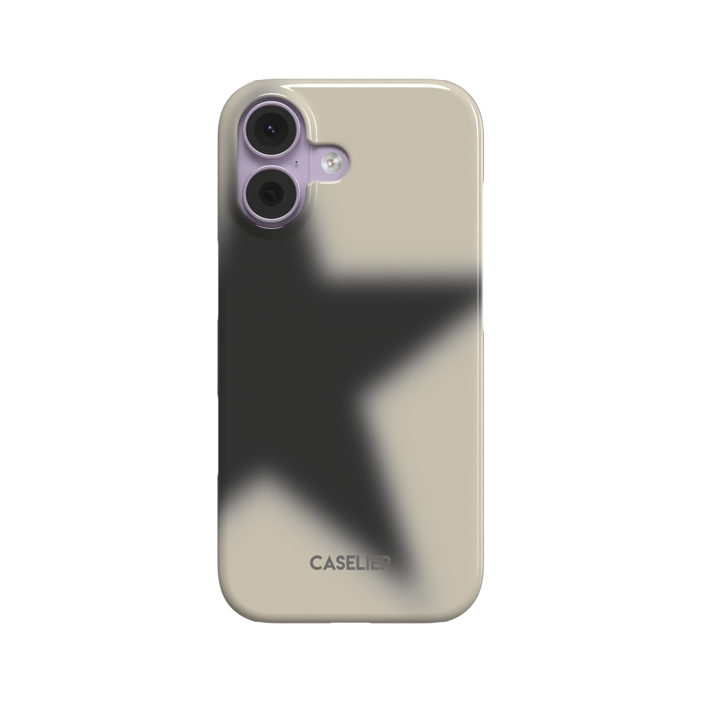 Slim phone case in warm ecru with a large blurred charcoal-black star fading into the sandy beige background, rear view on white background, phone case by Caselier - snap case, front view | Caselier