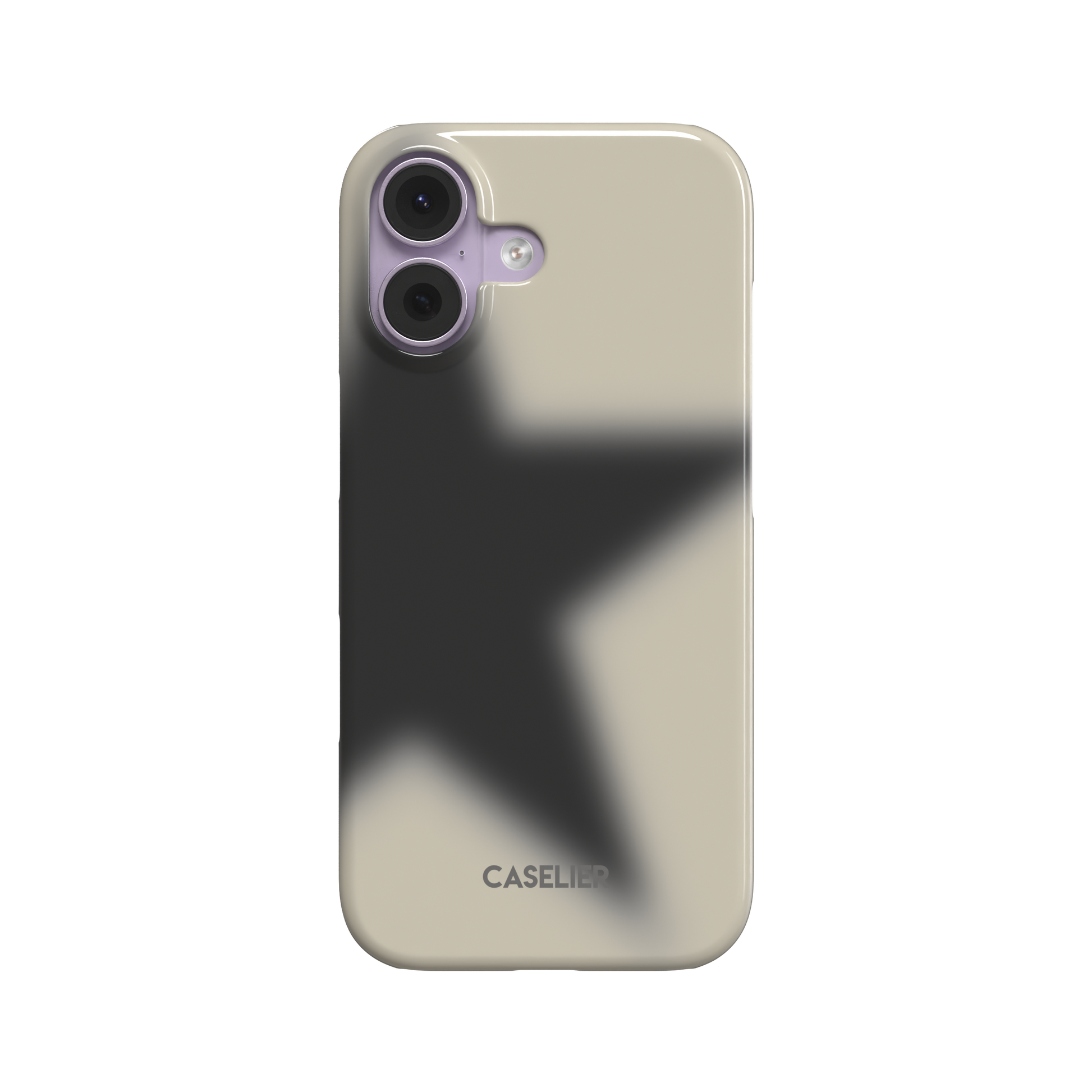 Slim phone case in warm ecru with a large blurred charcoal-black star fading into the sandy beige background, rear view on white background, phone case by Caselier - snap case, front view | Caselier
