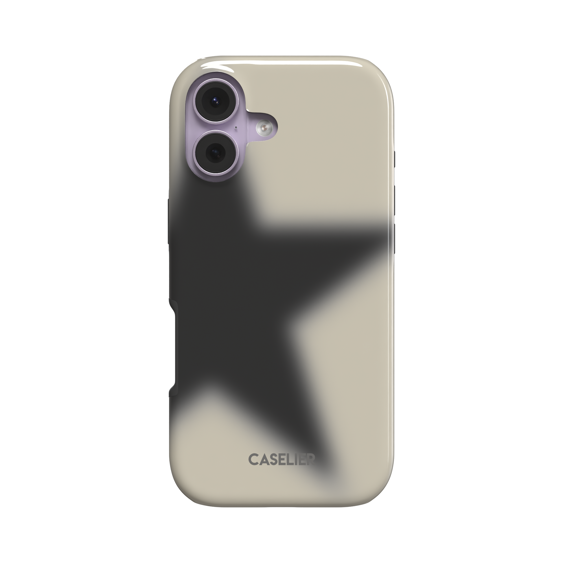 Dual-layer tough phone case in warm ecru featuring a soft-edged charcoal star on a sandy beige background, side profile visible, rear view on white background, phone case by Caselier - tough case, front view | Caselier