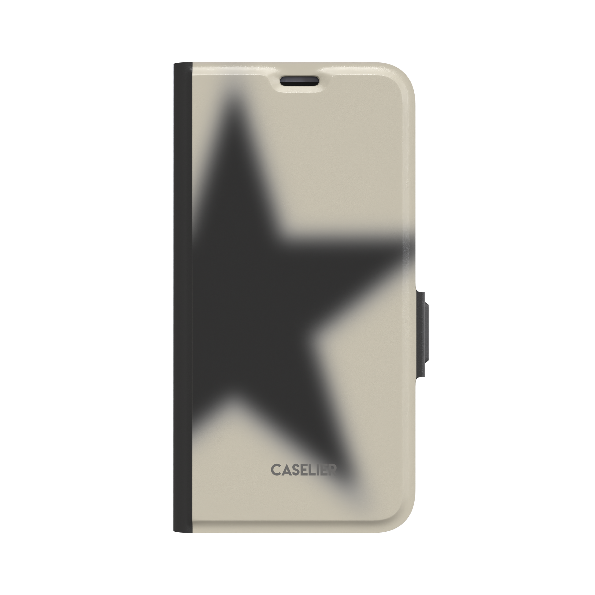 Folio wallet phone case with a blurred charcoal-black star on a warm ecru cover, black spine and clasp, front view on white background, phone case by Caselier - wallet case, front view | Caselier