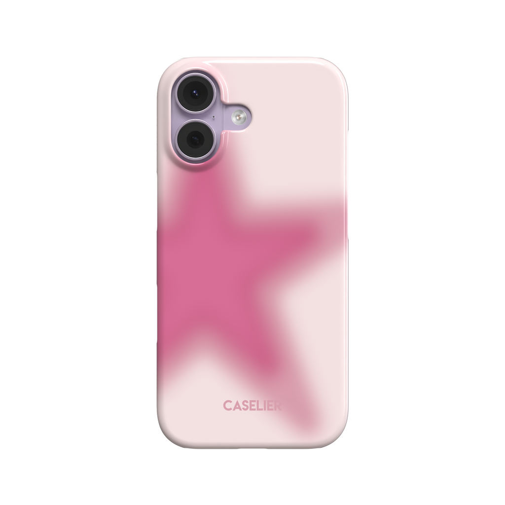 Slim phone case with a blurred hot-pink star fading into a pale rose background, soft gradient aura aesthetic, rear view on white background, phone case by Caselier - snap case, front view | Caselier