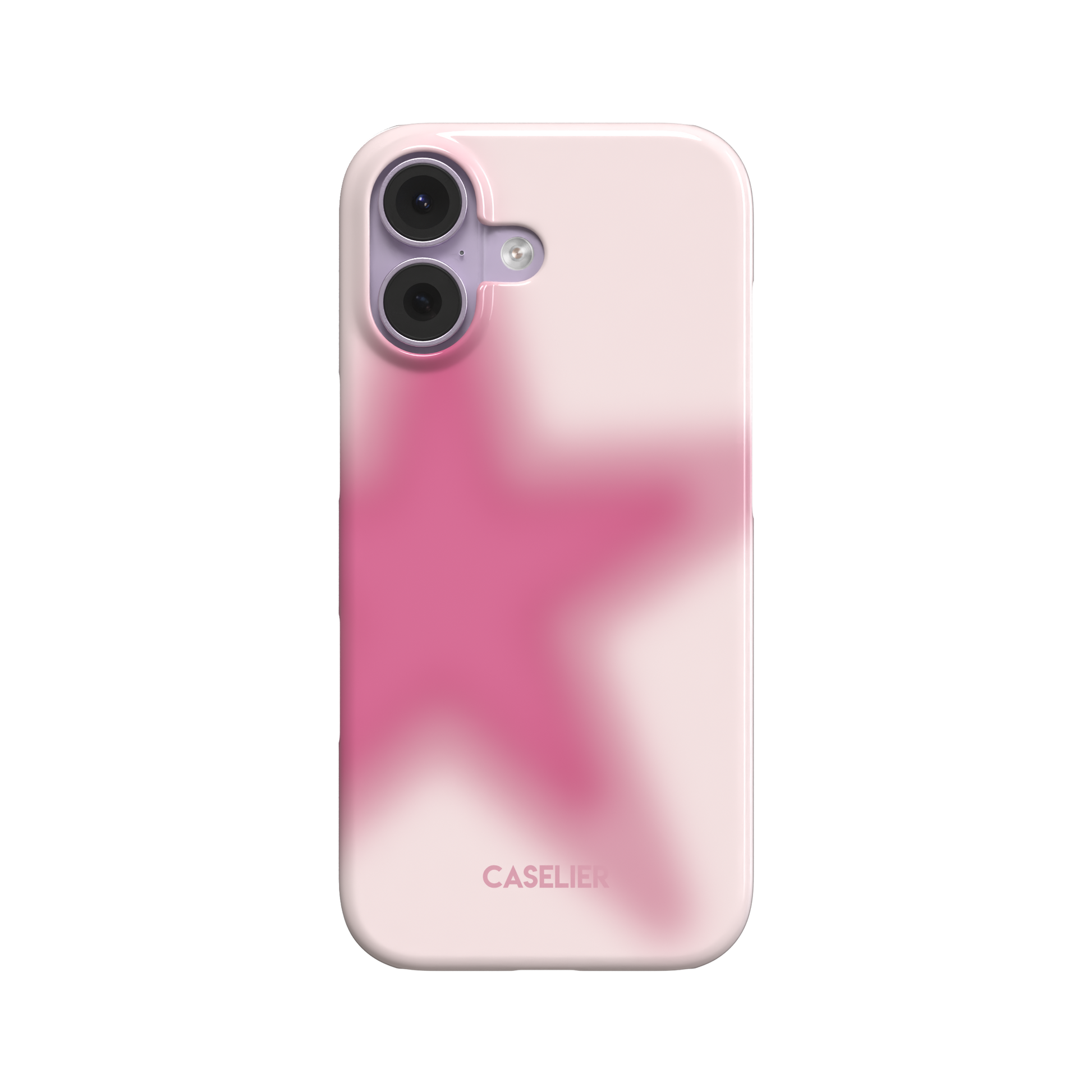 Slim phone case with a blurred hot-pink star fading into a pale rose background, soft gradient aura aesthetic, rear view on white background, phone case by Caselier - snap case, front view | Caselier