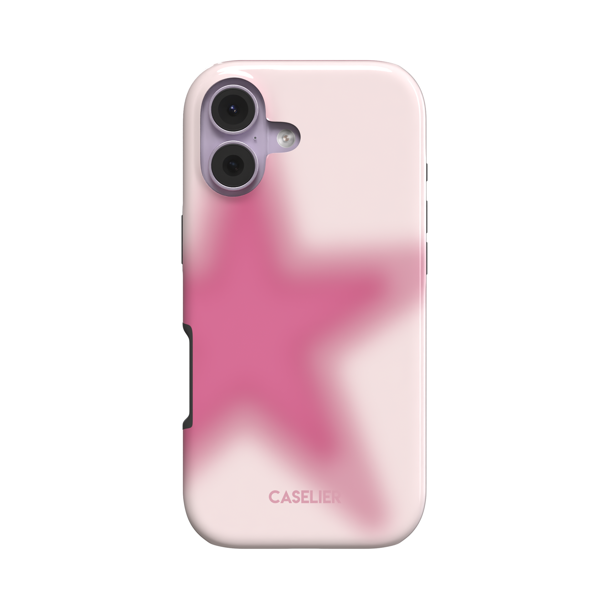 Dual-layer tough phone case showing blurred hot-pink star on pale blush background, side profile visible, rear view on white background, phone case by Caselier - tough case, front view | Caselier