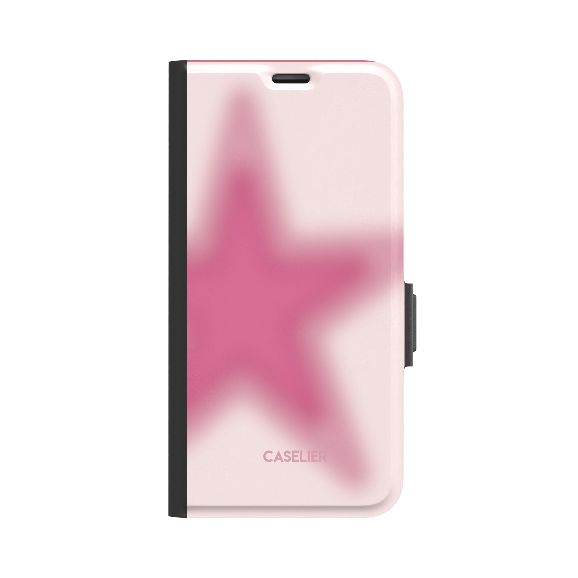 Folio wallet phone case with blurred hot-pink star gradient on pale rose cover, black spine and clasp, front view on white background, phone case by Caselier - wallet case, front view | Caselier