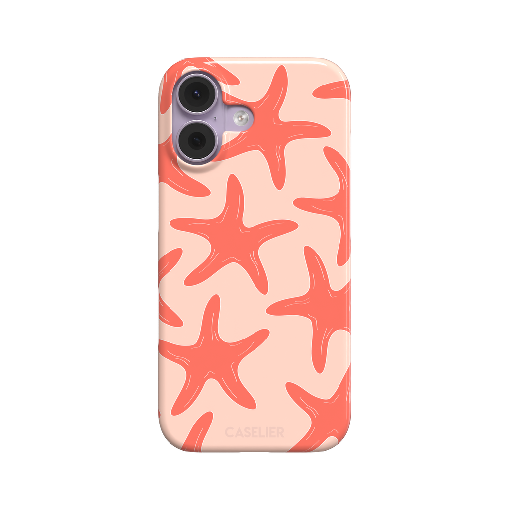 Starfish phone case with bold coral starfish pattern on a soft peach background, part of the Memories of Summer collection, phone case by Caselier — snap case, front view