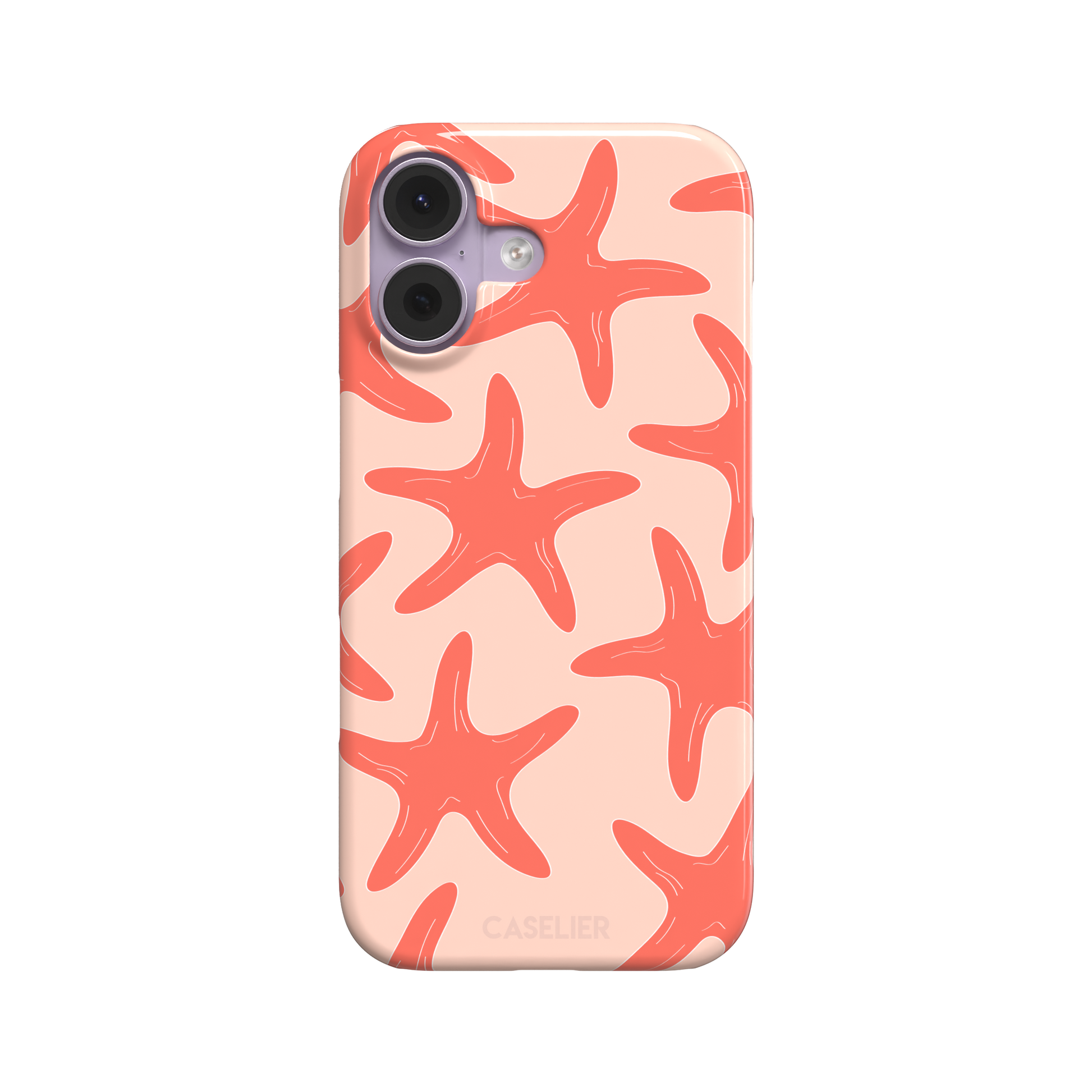 Starfish phone case with bold coral starfish pattern on a soft peach background, part of the Memories of Summer collection, phone case by Caselier — snap case, front view