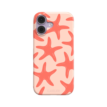 Starfish phone case with bold coral starfish pattern on a soft peach background, part of the Memories of Summer collection, phone case by Caselier — snap case, front view