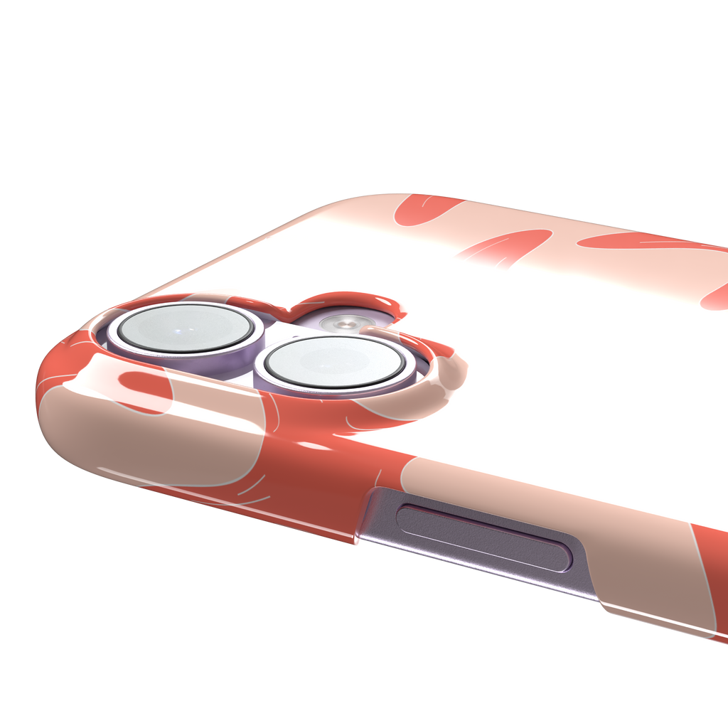 Starfish phone case with bold coral starfish pattern on a soft peach background, part of the Memories of Summer collection, phone case by Caselier — snap case, volume buttons detail