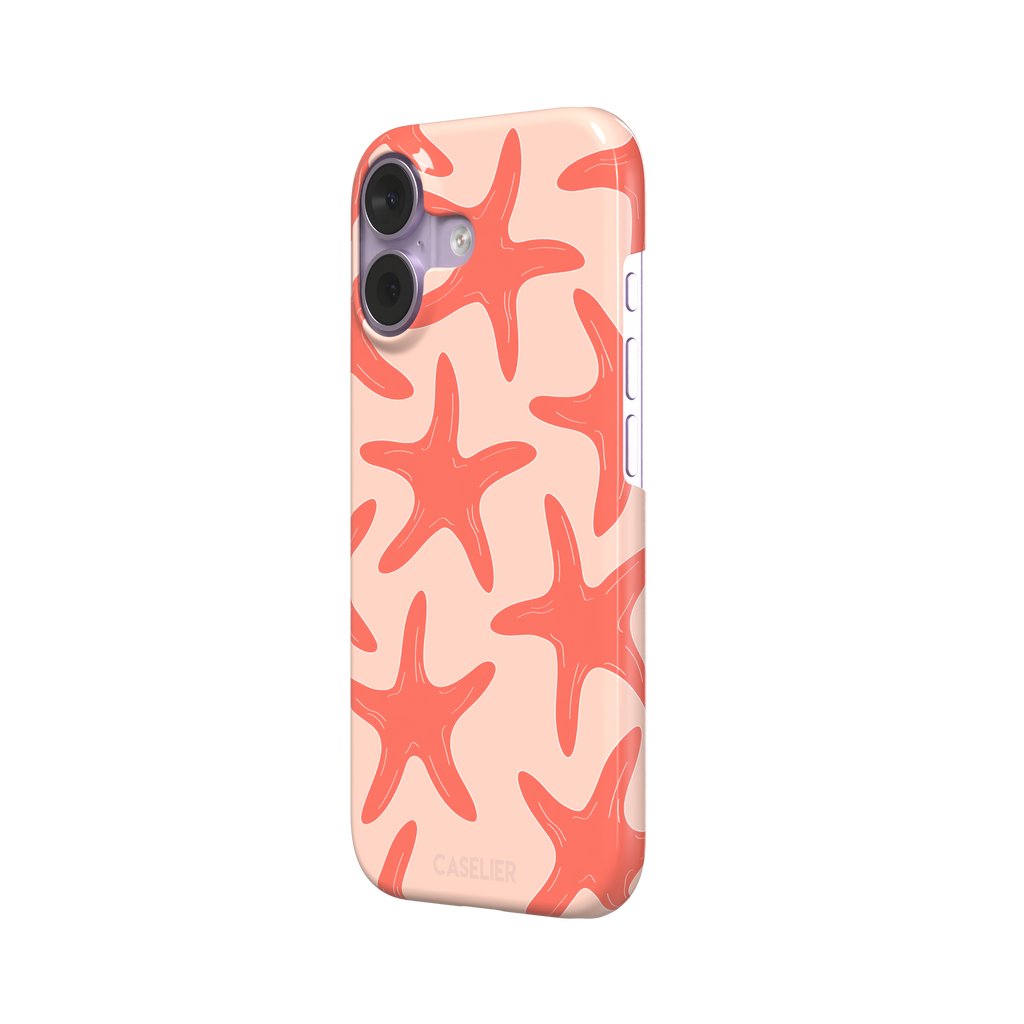 Starfish phone case with bold coral starfish pattern on a soft peach background, part of the Memories of Summer collection, phone case by Caselier — snap case, right view