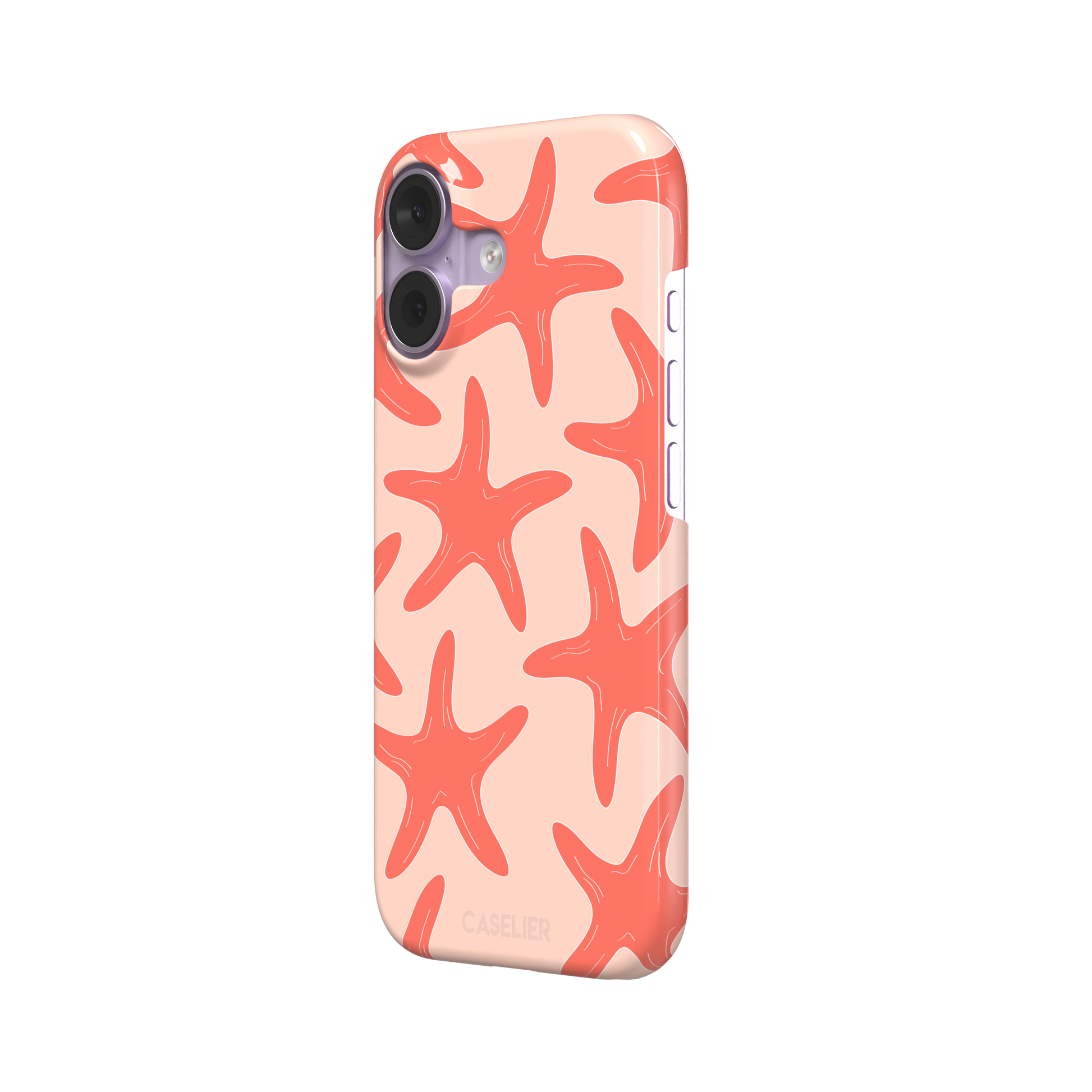 Starfish phone case with bold coral starfish pattern on a soft peach background, part of the Memories of Summer collection, phone case by Caselier — snap case, right view