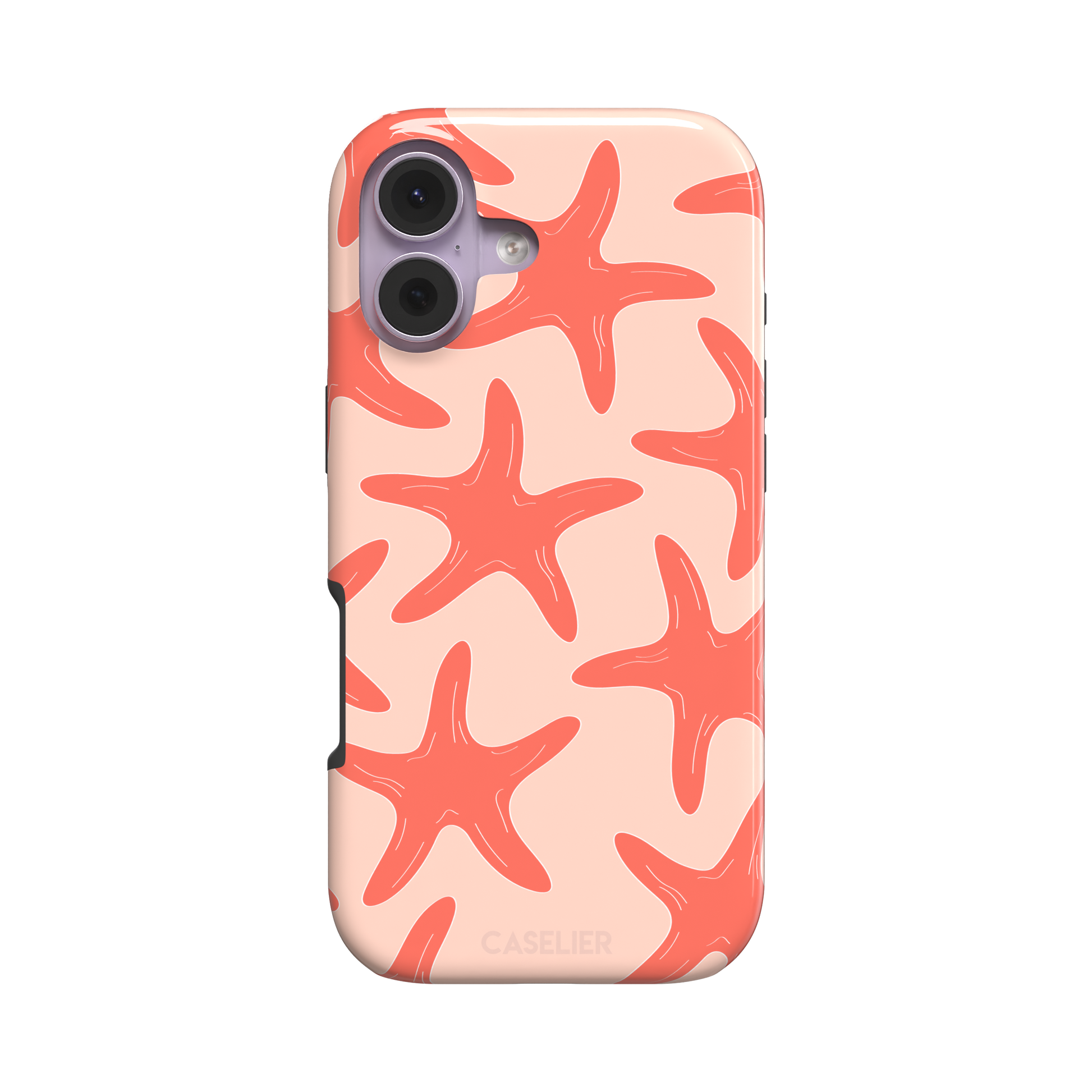 Starfish phone case with bold coral starfish pattern on a soft peach background, part of the Memories of Summer collection, phone case by Caselier — tough case, front view
