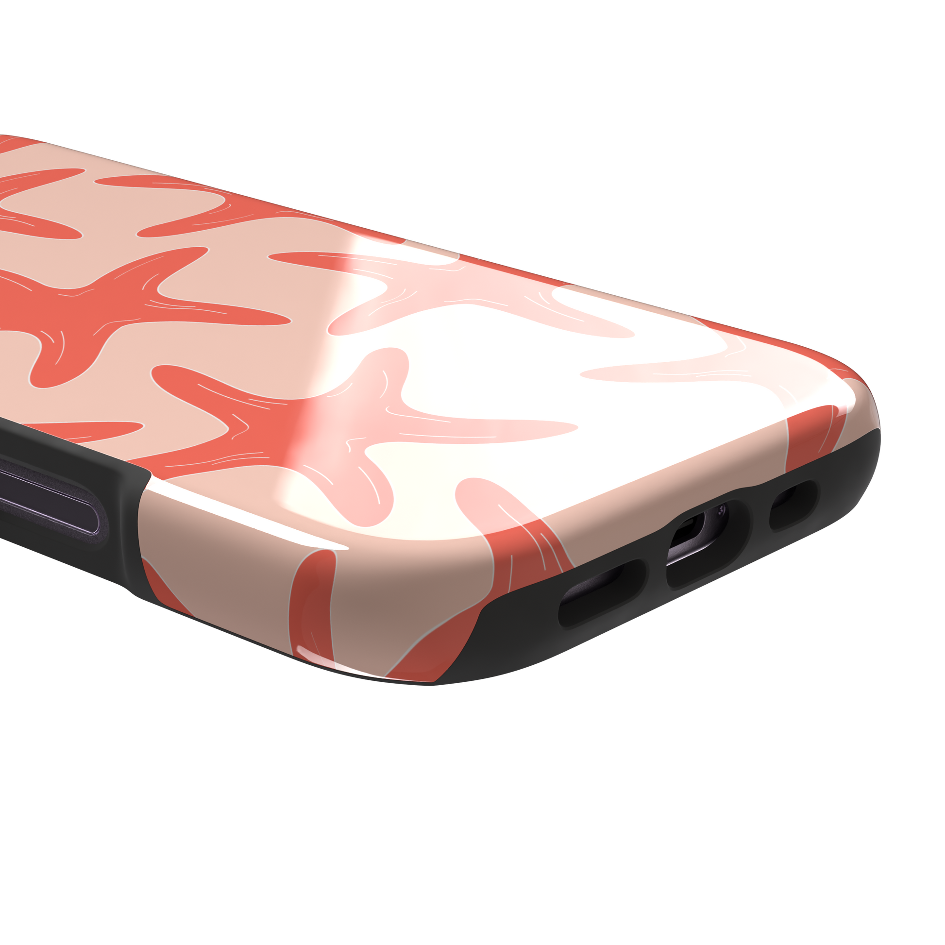 Starfish phone case with bold coral starfish pattern on a soft peach background, part of the Memories of Summer collection, phone case by Caselier — tough case, charging port detail