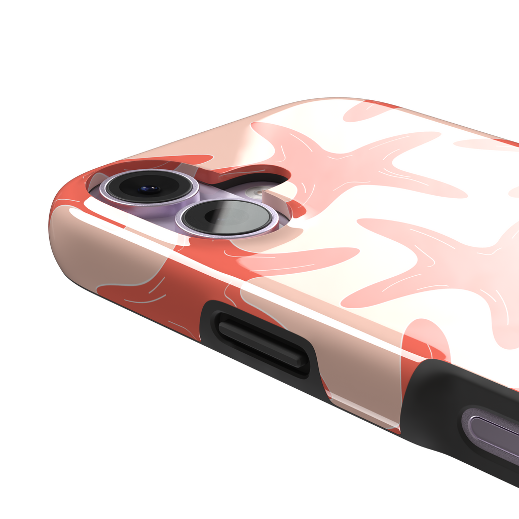 Starfish phone case with bold coral starfish pattern on a soft peach background, part of the Memories of Summer collection, phone case by Caselier — tough case, volume buttons detail