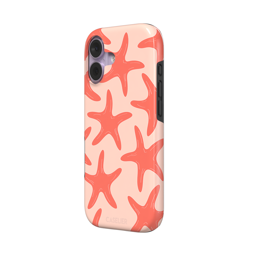 Starfish phone case with bold coral starfish pattern on a soft peach background, part of the Memories of Summer collection, phone case by Caselier — tough case, right view