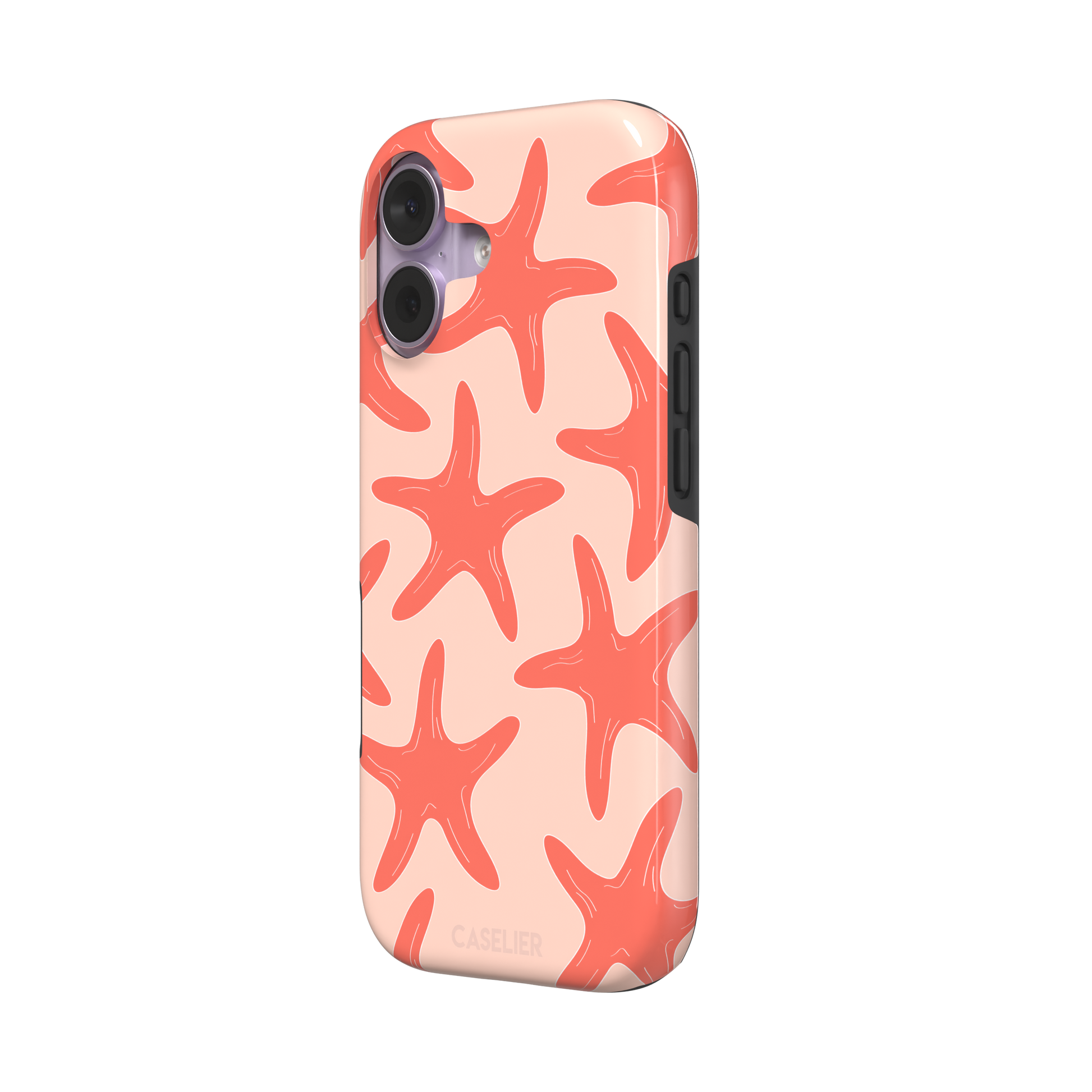 Starfish phone case with bold coral starfish pattern on a soft peach background, part of the Memories of Summer collection, phone case by Caselier — tough case, right view