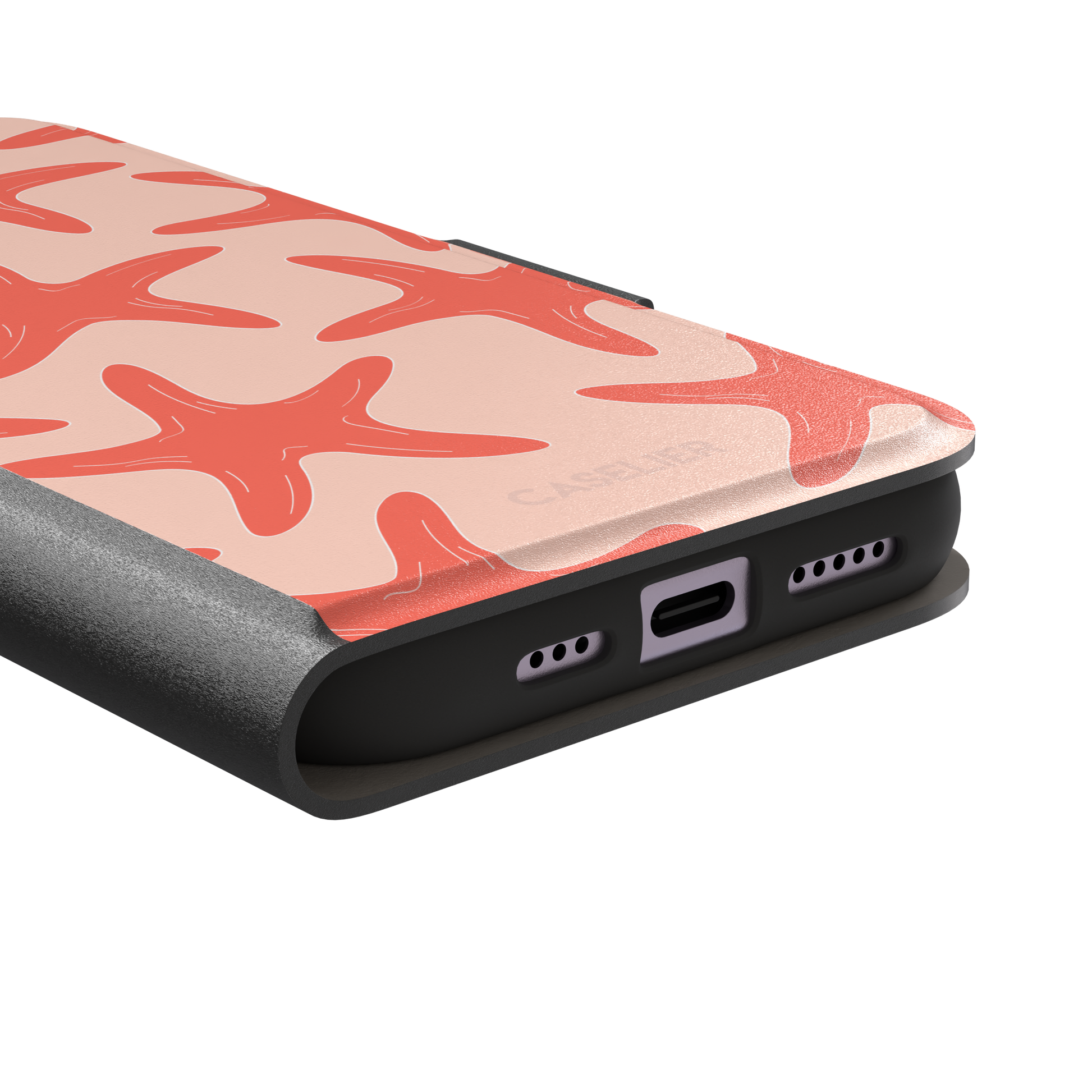 Starfish phone case with bold coral starfish pattern on a soft peach background, part of the Memories of Summer collection, phone case by Caselier — wallet case, charging port detail
