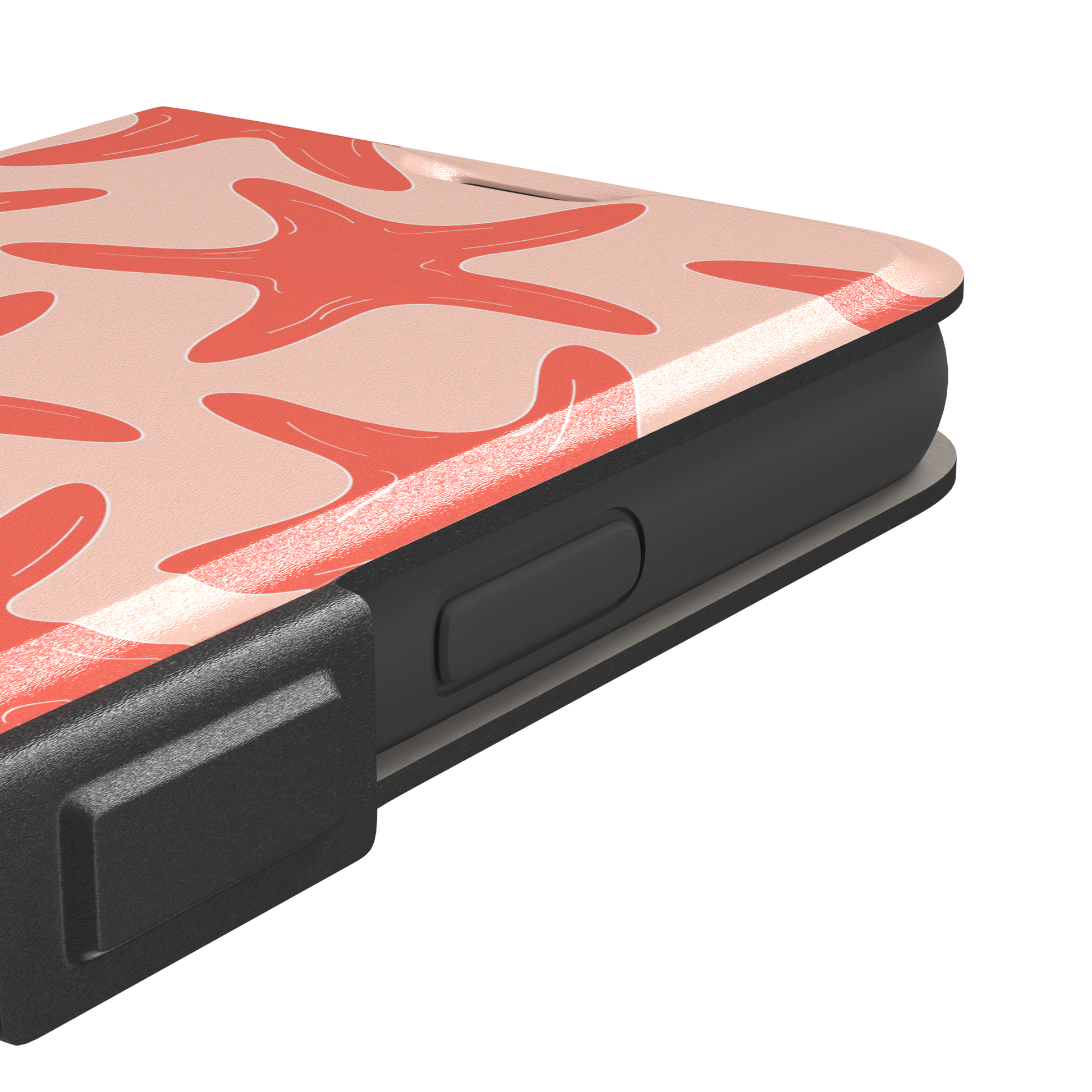 Starfish phone case with bold coral starfish pattern on a soft peach background, part of the Memories of Summer collection, phone case by Caselier — wallet case, volume buttons detail