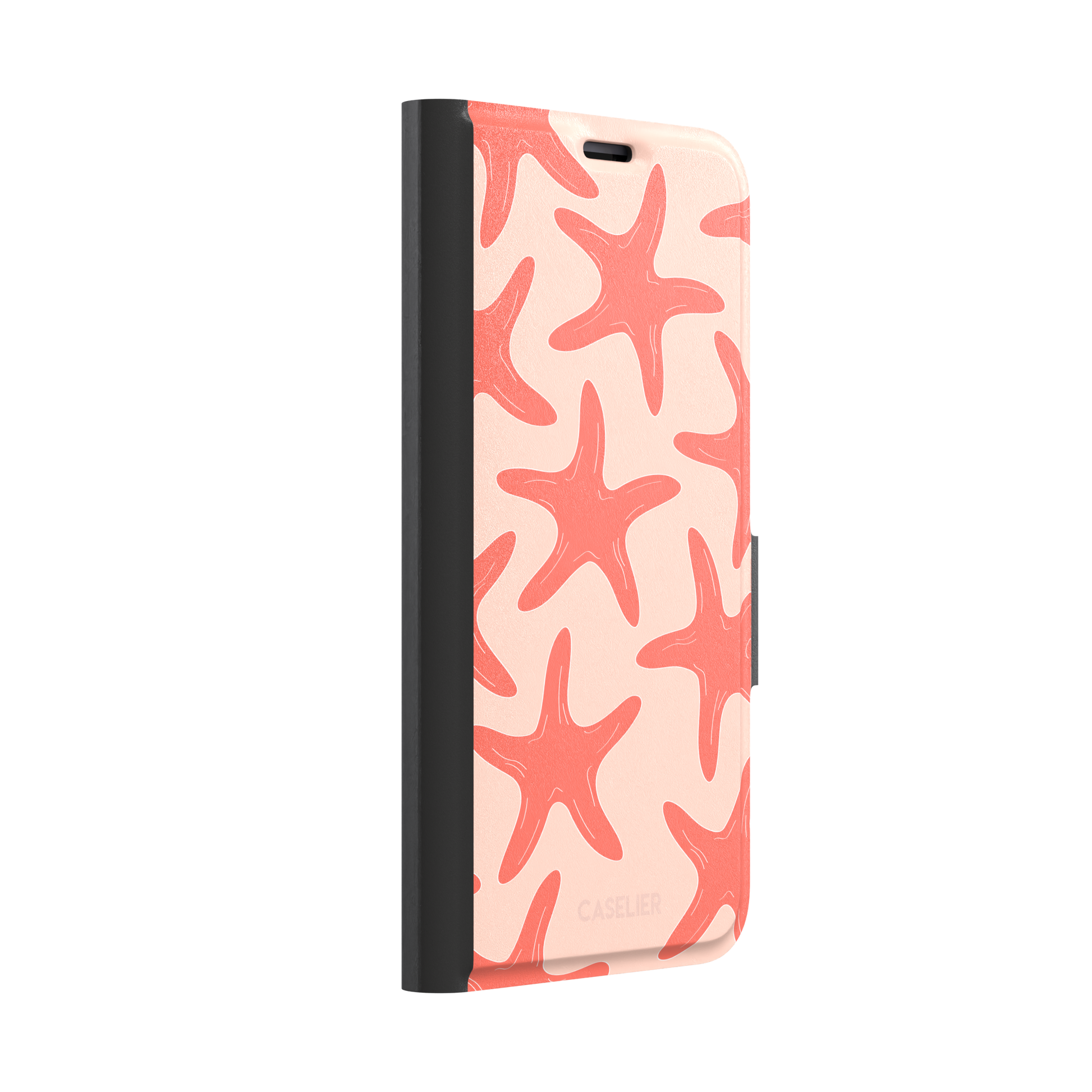 Starfish phone case with bold coral starfish pattern on a soft peach background, part of the Memories of Summer collection, phone case by Caselier — wallet case, left view