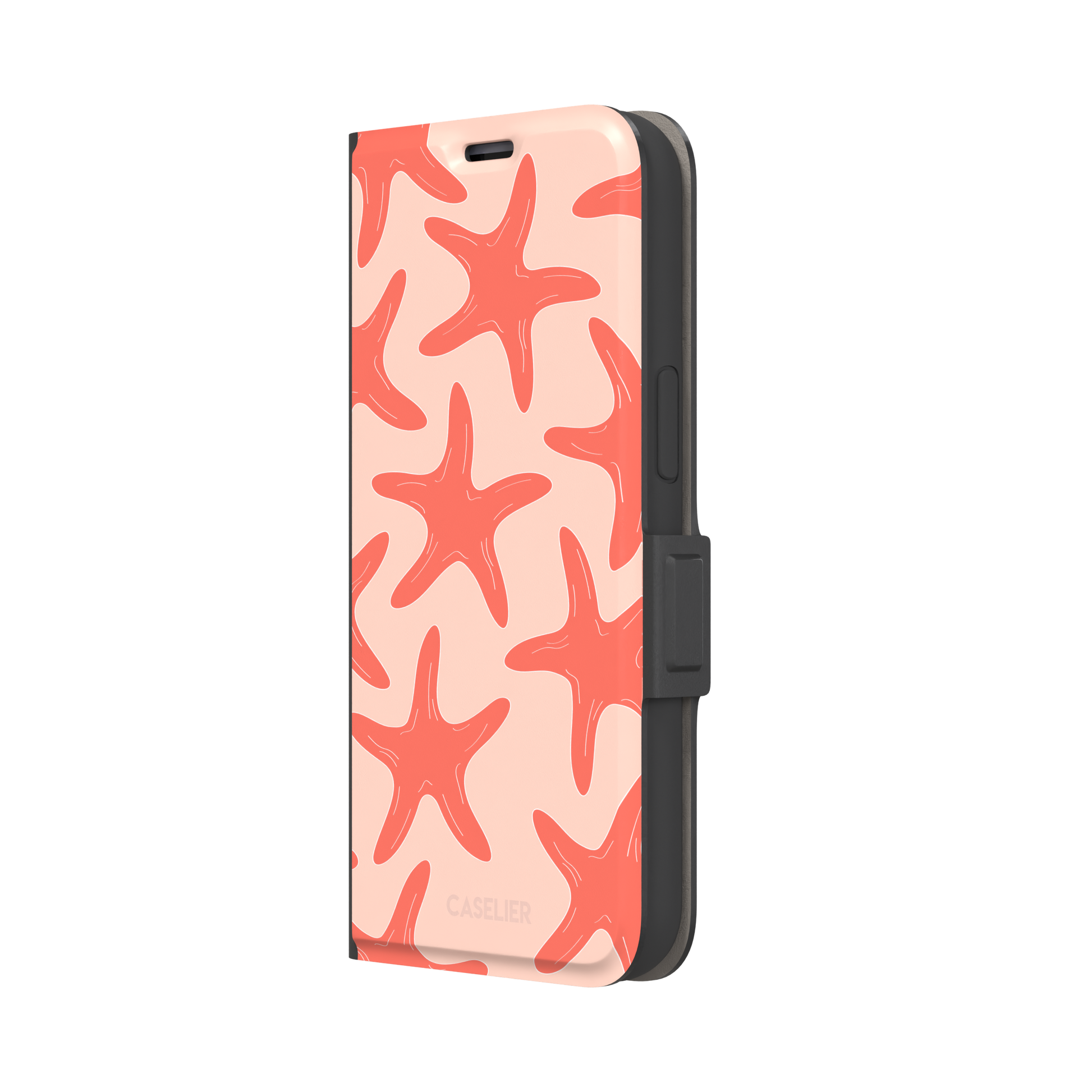 Starfish phone case with bold coral starfish pattern on a soft peach background, part of the Memories of Summer collection, phone case by Caselier — wallet case, right view
