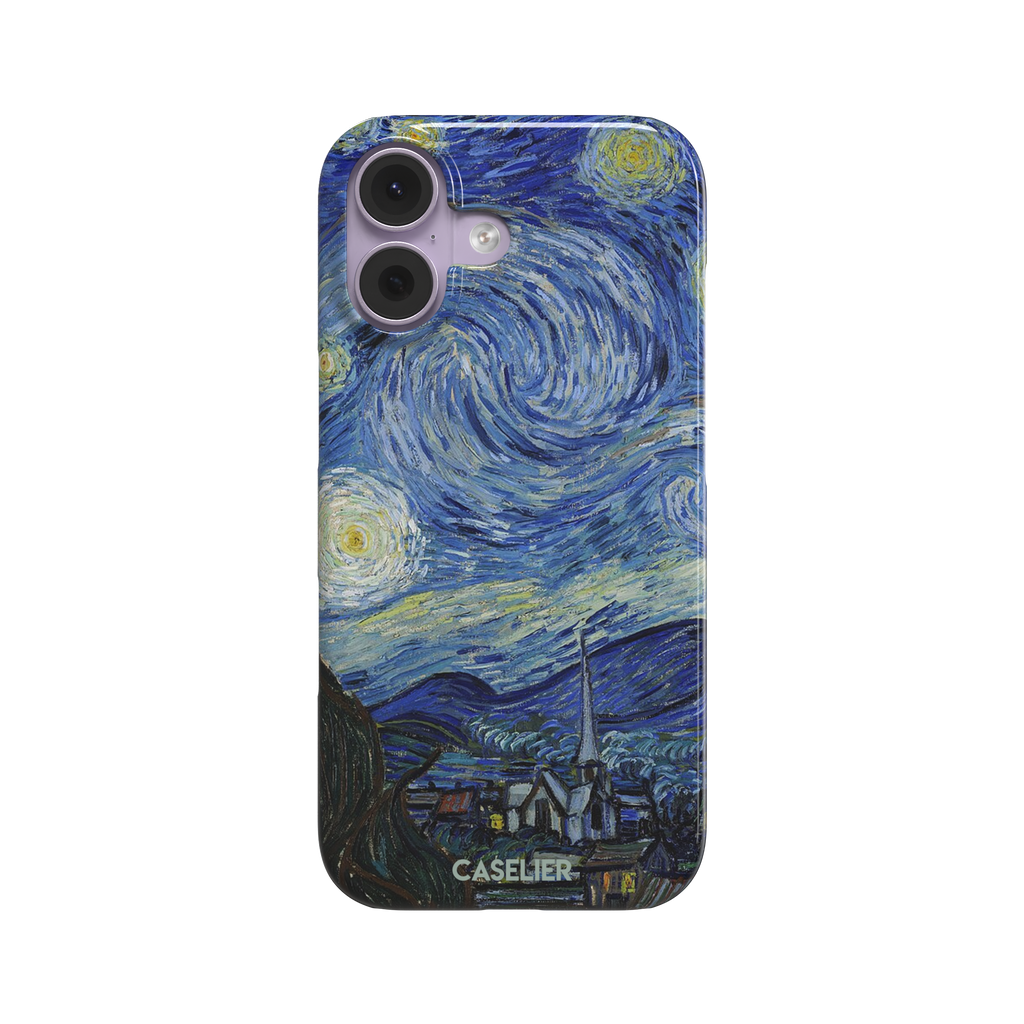 Starry Night by Vincent van Gogh phone case featuring swirling cobalt blue sky, glowing yellow stars and a quiet village with church steeple, phone case by Caselier — snap case, front view