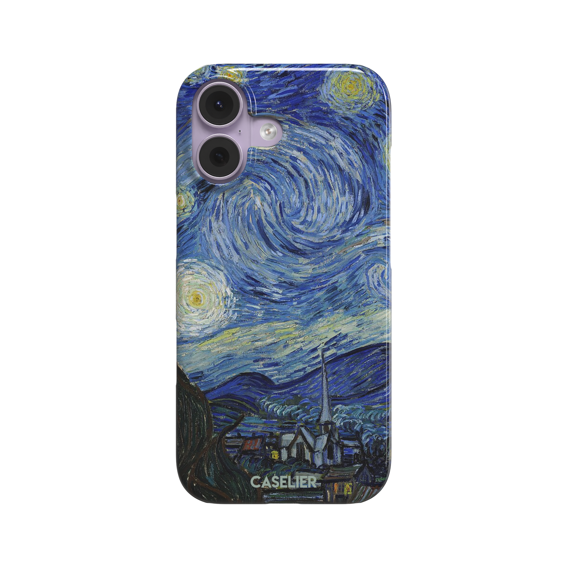 Starry Night by Vincent van Gogh phone case featuring swirling cobalt blue sky, glowing yellow stars and a quiet village with church steeple, phone case by Caselier — snap case, front view