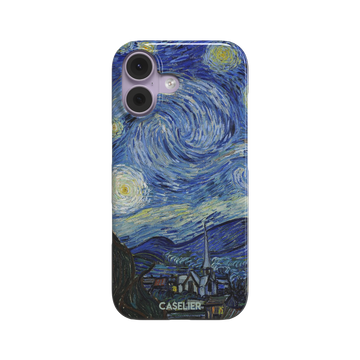 Starry Night by Vincent van Gogh phone case featuring swirling cobalt blue sky, glowing yellow stars and a quiet village with church steeple, phone case by Caselier — snap case, front view