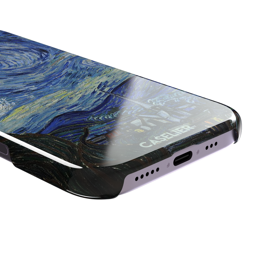 Starry Night by Vincent van Gogh phone case featuring swirling cobalt blue sky, glowing yellow stars and a quiet village with church steeple, phone case by Caselier — snap case, charging port detail