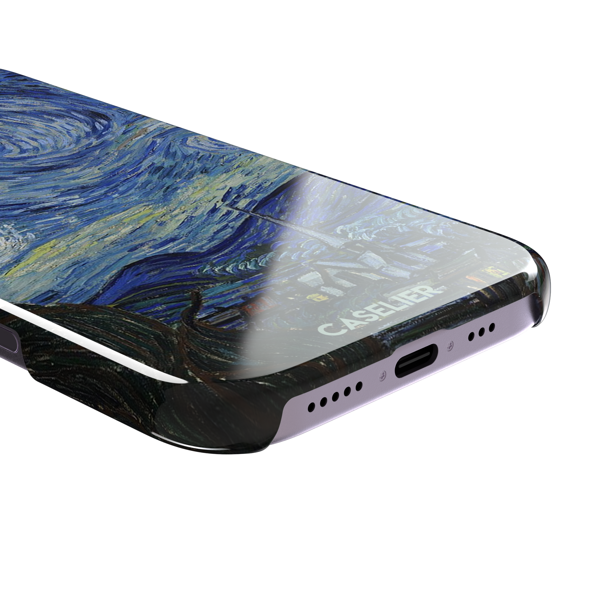 Starry Night by Vincent van Gogh phone case featuring swirling cobalt blue sky, glowing yellow stars and a quiet village with church steeple, phone case by Caselier — snap case, charging port detail