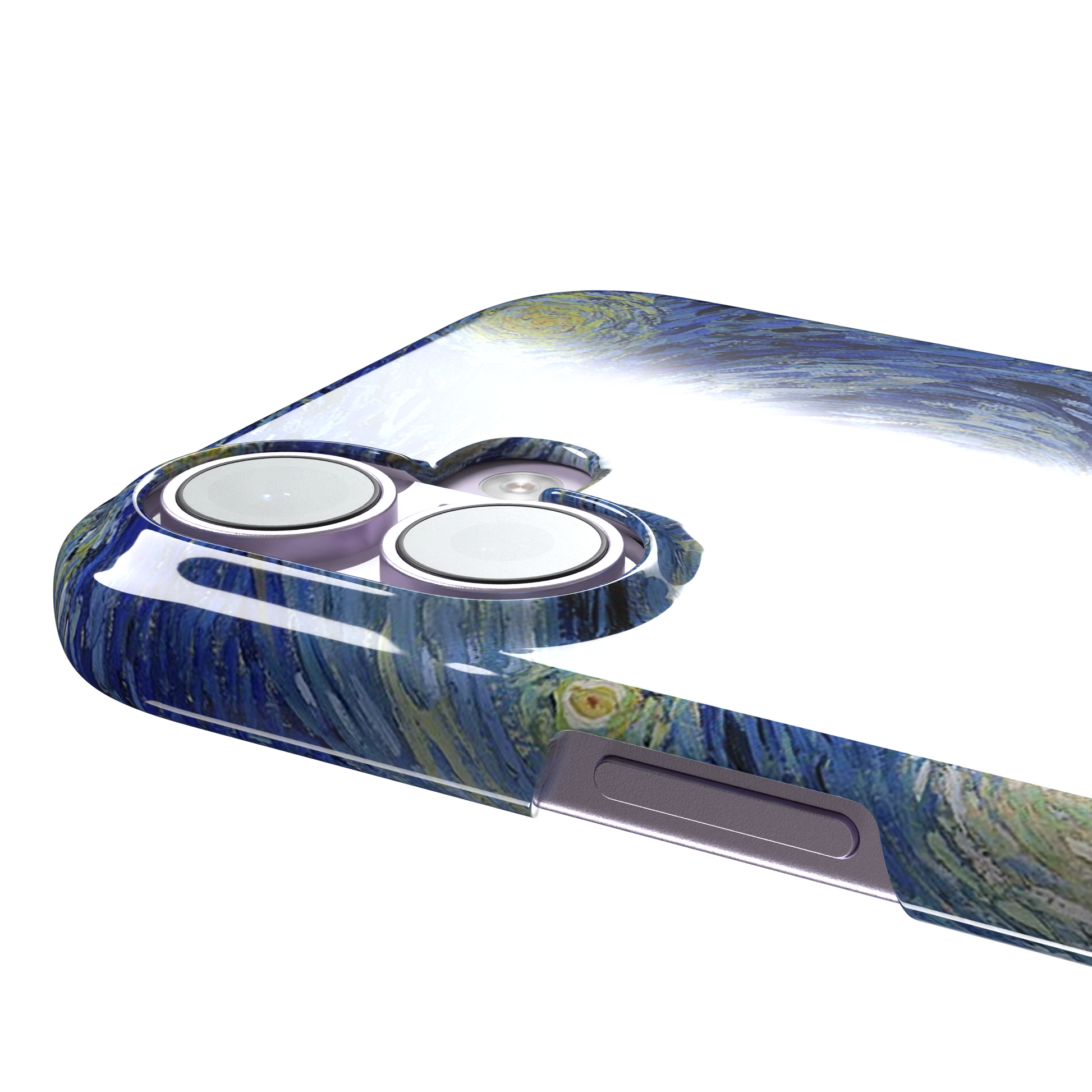Starry Night by Vincent van Gogh phone case featuring swirling cobalt blue sky, glowing yellow stars and a quiet village with church steeple, phone case by Caselier — snap case, volume buttons detail