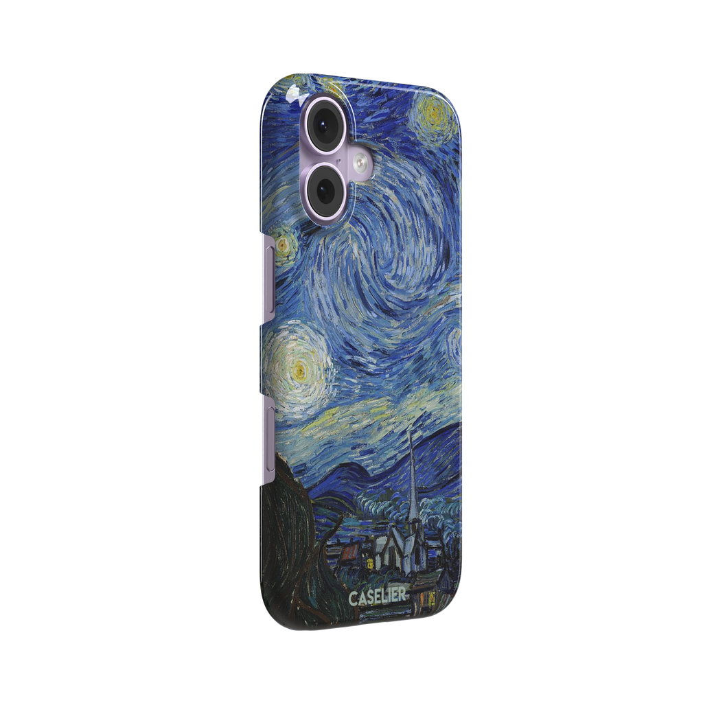 Starry Night by Vincent van Gogh phone case featuring swirling cobalt blue sky, glowing yellow stars and a quiet village with church steeple, phone case by Caselier — snap case, left view