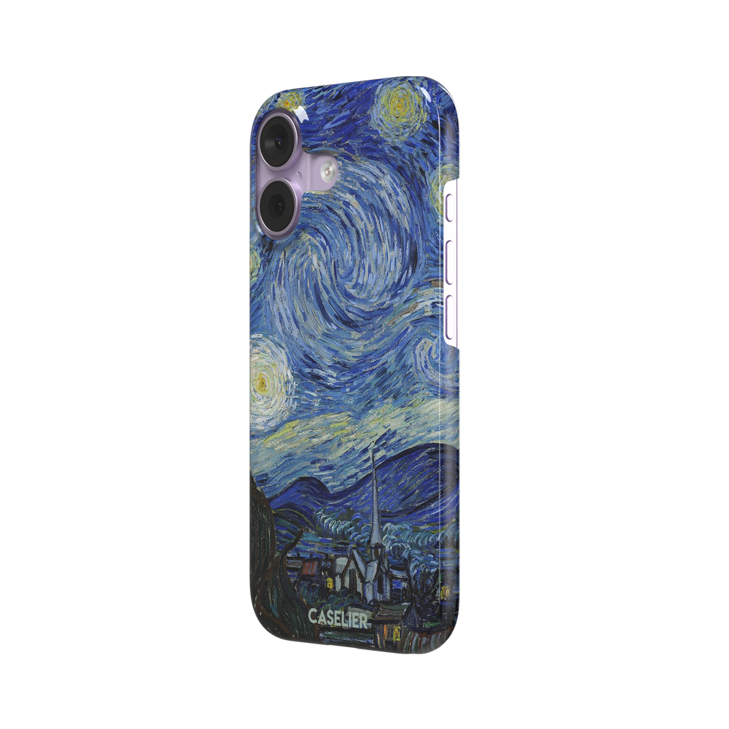 Starry Night by Vincent van Gogh phone case featuring swirling cobalt blue sky, glowing yellow stars and a quiet village with church steeple, phone case by Caselier — snap case, right view