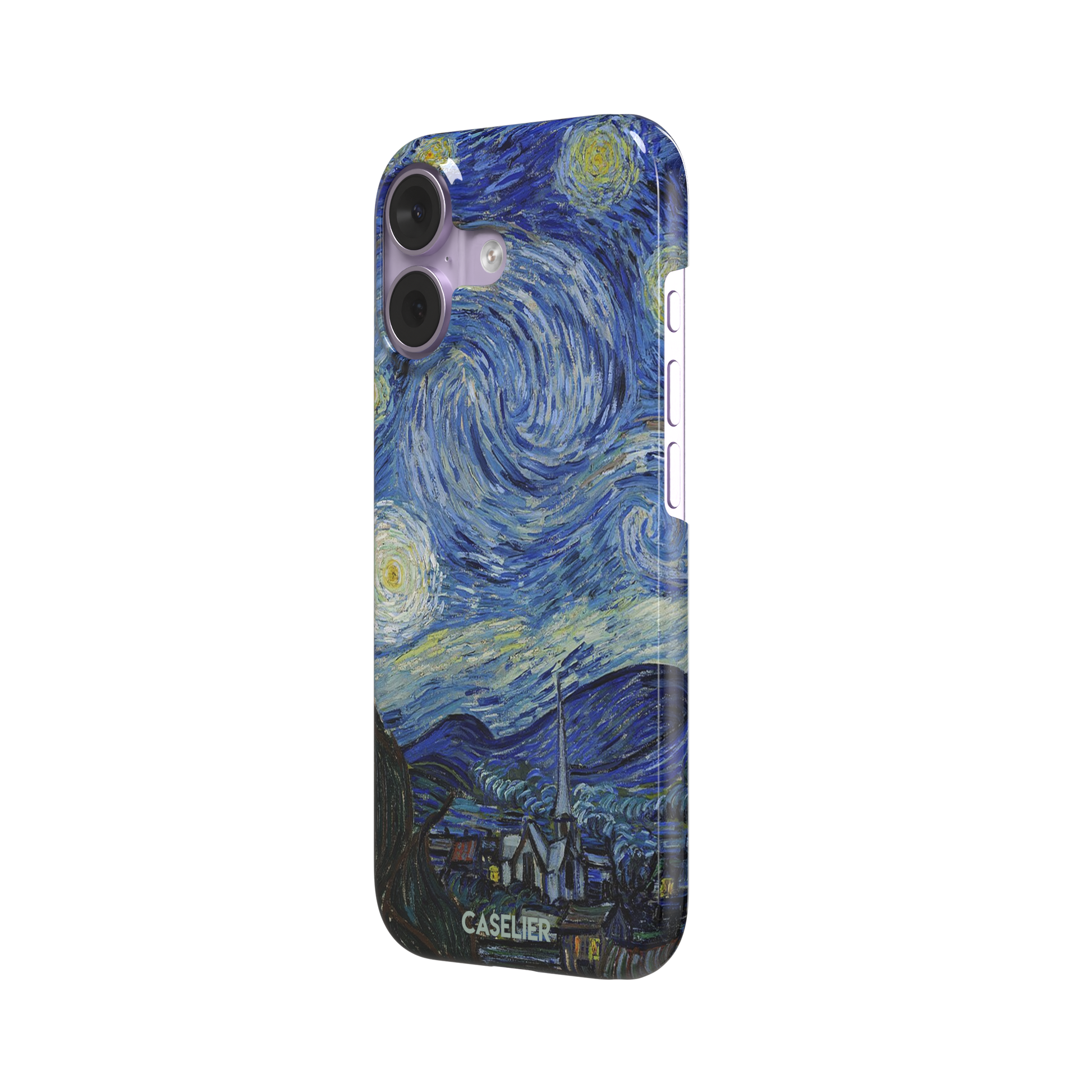 Starry Night by Vincent van Gogh phone case featuring swirling cobalt blue sky, glowing yellow stars and a quiet village with church steeple, phone case by Caselier — snap case, right view