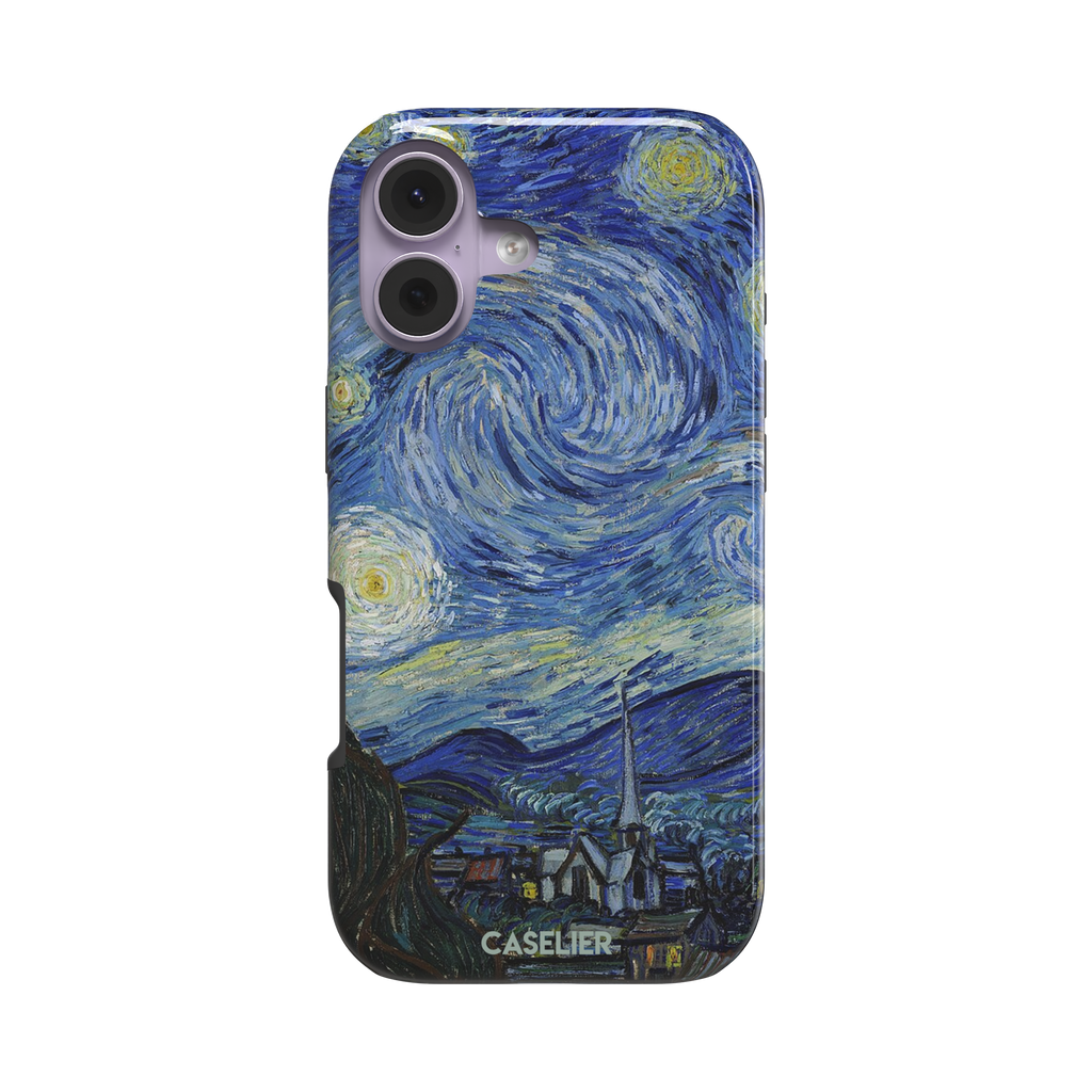 Starry Night by Vincent van Gogh phone case featuring swirling cobalt blue sky, glowing yellow stars and a quiet village with church steeple, phone case by Caselier — tough case, front view
