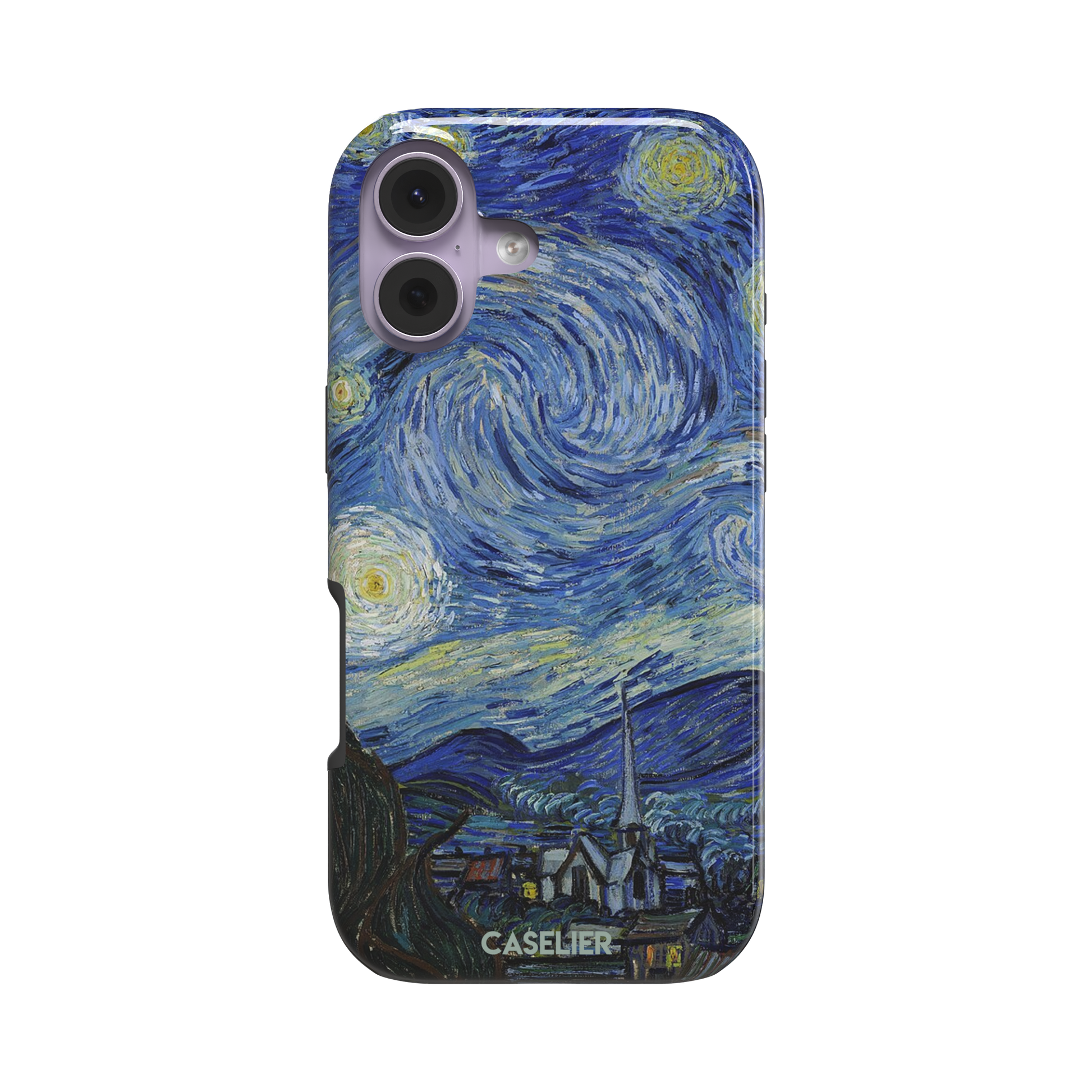 Starry Night by Vincent van Gogh phone case featuring swirling cobalt blue sky, glowing yellow stars and a quiet village with church steeple, phone case by Caselier — tough case, front view
