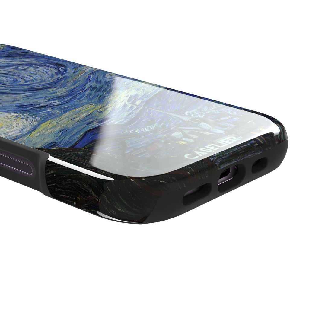 Starry Night by Vincent van Gogh phone case featuring swirling cobalt blue sky, glowing yellow stars and a quiet village with church steeple, phone case by Caselier — tough case, charging port detail