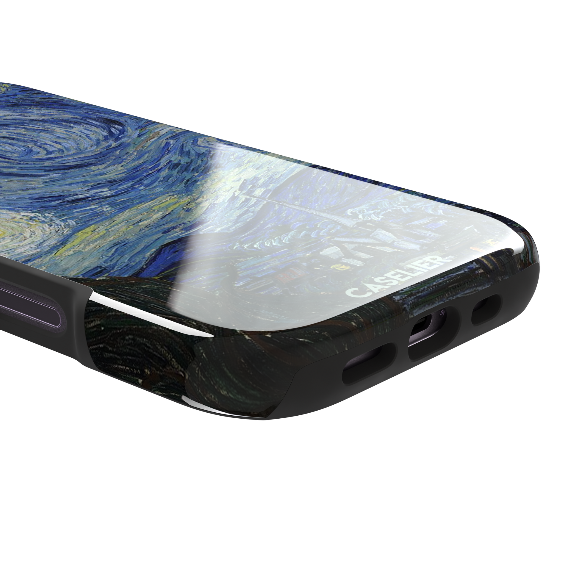 Starry Night by Vincent van Gogh phone case featuring swirling cobalt blue sky, glowing yellow stars and a quiet village with church steeple, phone case by Caselier — tough case, charging port detail