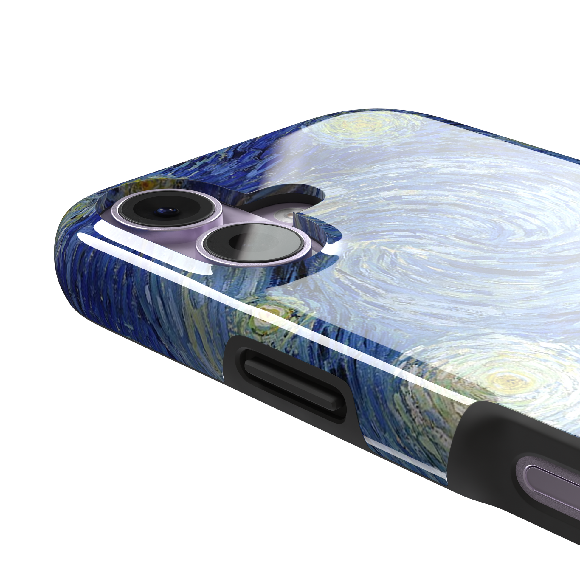 Starry Night by Vincent van Gogh phone case featuring swirling cobalt blue sky, glowing yellow stars and a quiet village with church steeple, phone case by Caselier — tough case, volume buttons detail