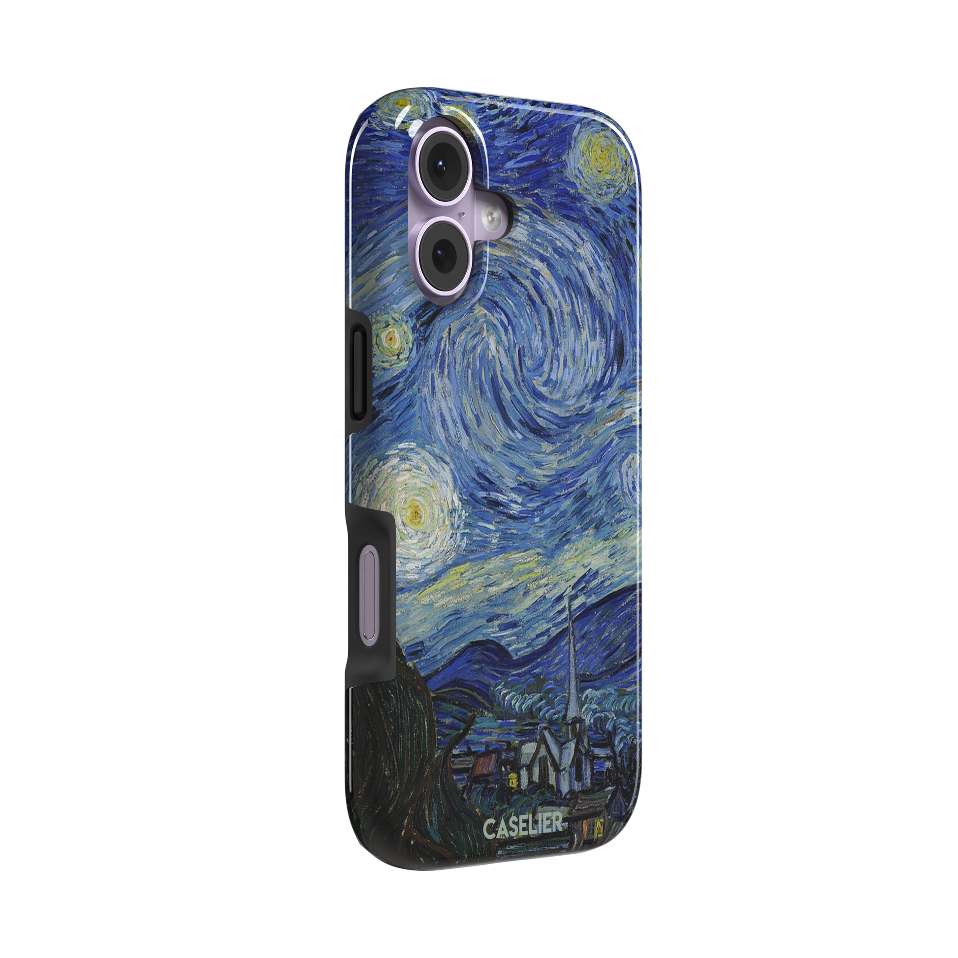 Starry Night by Vincent van Gogh phone case featuring swirling cobalt blue sky, glowing yellow stars and a quiet village with church steeple, phone case by Caselier — tough case, left view