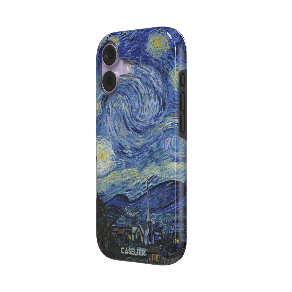 Starry Night by Vincent van Gogh phone case featuring swirling cobalt blue sky, glowing yellow stars and a quiet village with church steeple, phone case by Caselier — tough case, right view