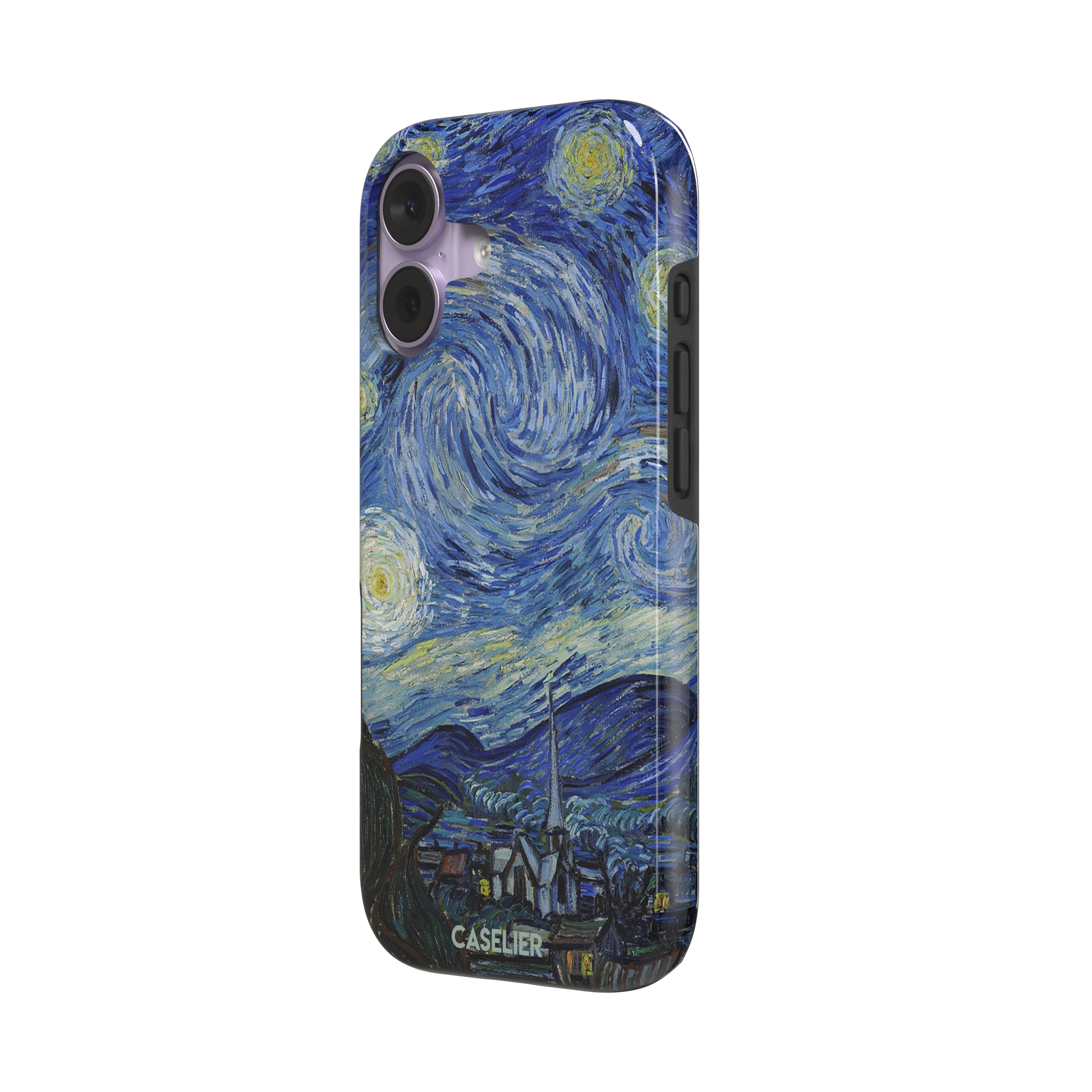 Starry Night by Vincent van Gogh phone case featuring swirling cobalt blue sky, glowing yellow stars and a quiet village with church steeple, phone case by Caselier — tough case, right view