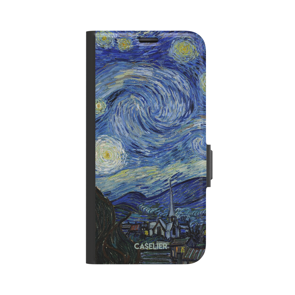 Starry Night by Vincent van Gogh phone case featuring swirling cobalt blue sky, glowing yellow stars and a quiet village with church steeple, phone case by Caselier — wallet case, front view